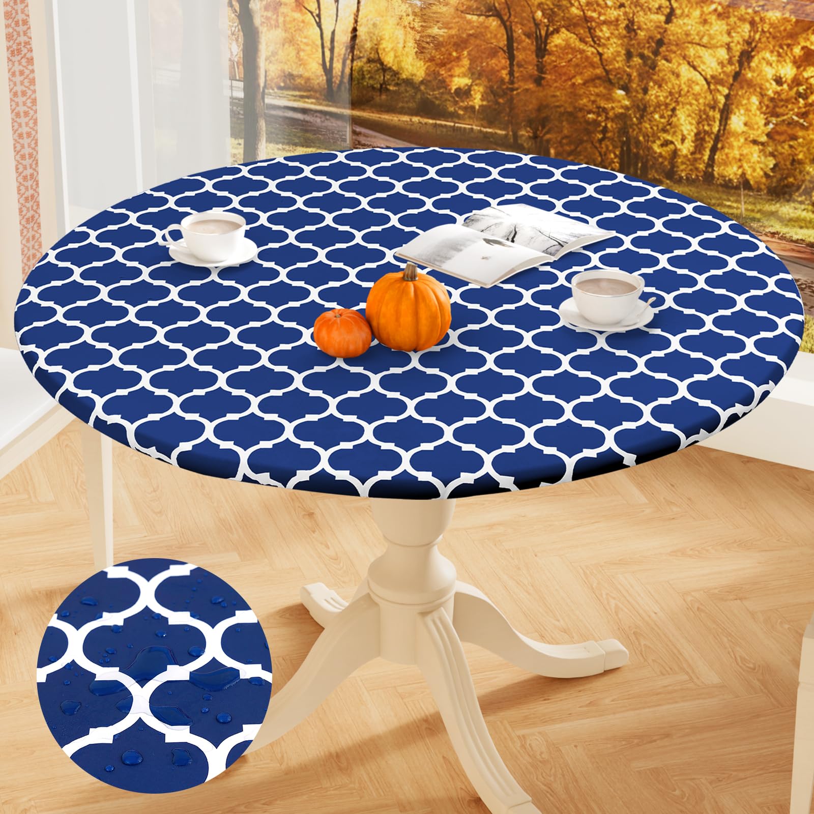 Smiry Round Picnic Tablecloth, Waterproof Elastic Fitted Table Covers For 36' - 44' Tables, Wipeable Flannel Backed Vinyl Tablecloths For Camping, Indoor, Outdoor, Navy & White