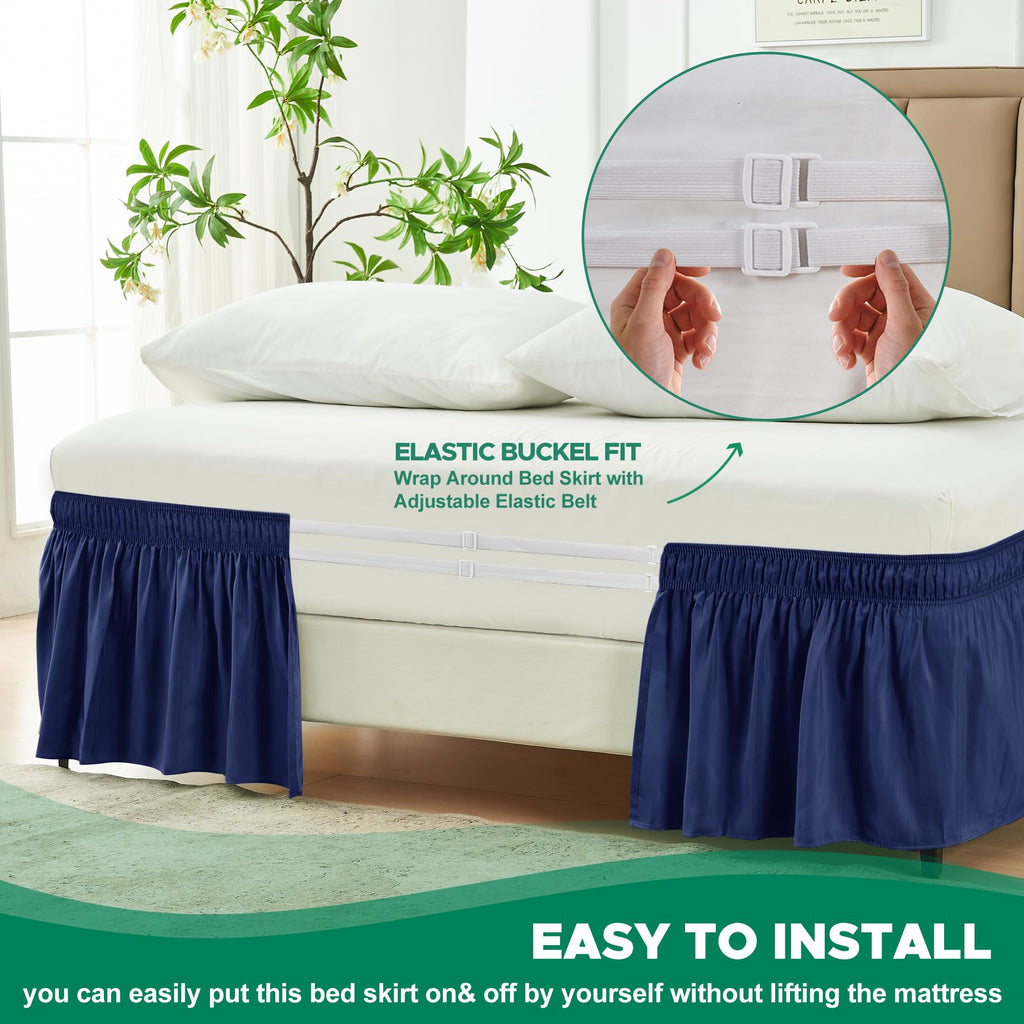 Biscaynebay Wrap Around Bed Skirts For King & Cal King Beds 16' Drop, Navy Adjustable Elastic Dust Ruffles Easy Fit Wrinkle & Fade Resistant Silky Luxurious Fabric Solid Machine Washable
