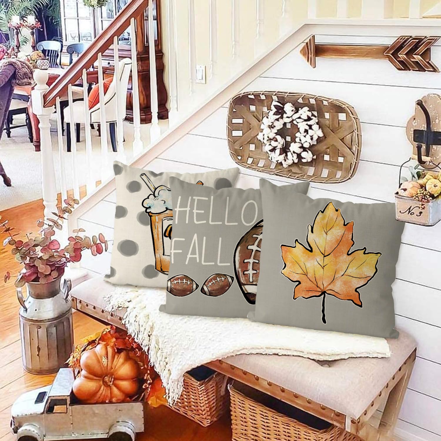 Gagec Fall Pillow Covers 20X20 Inch Set Of 4 Fall Football Pumpkin Maple Leaf Throw Pillowcase Holiday Home Decor Sofa Bedroom C