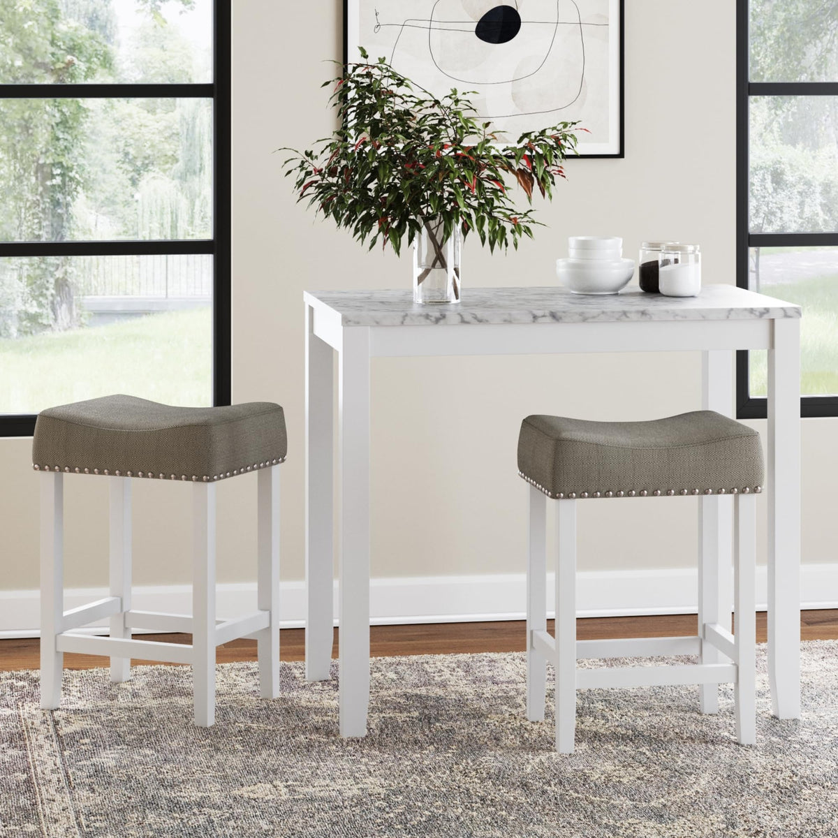 Nathan James Viktor 3 Piece Dining Set, Heigh Kitchen Counter Pub or Breakfast Table with Marble Top and Fabric Wood Base Seat, 
