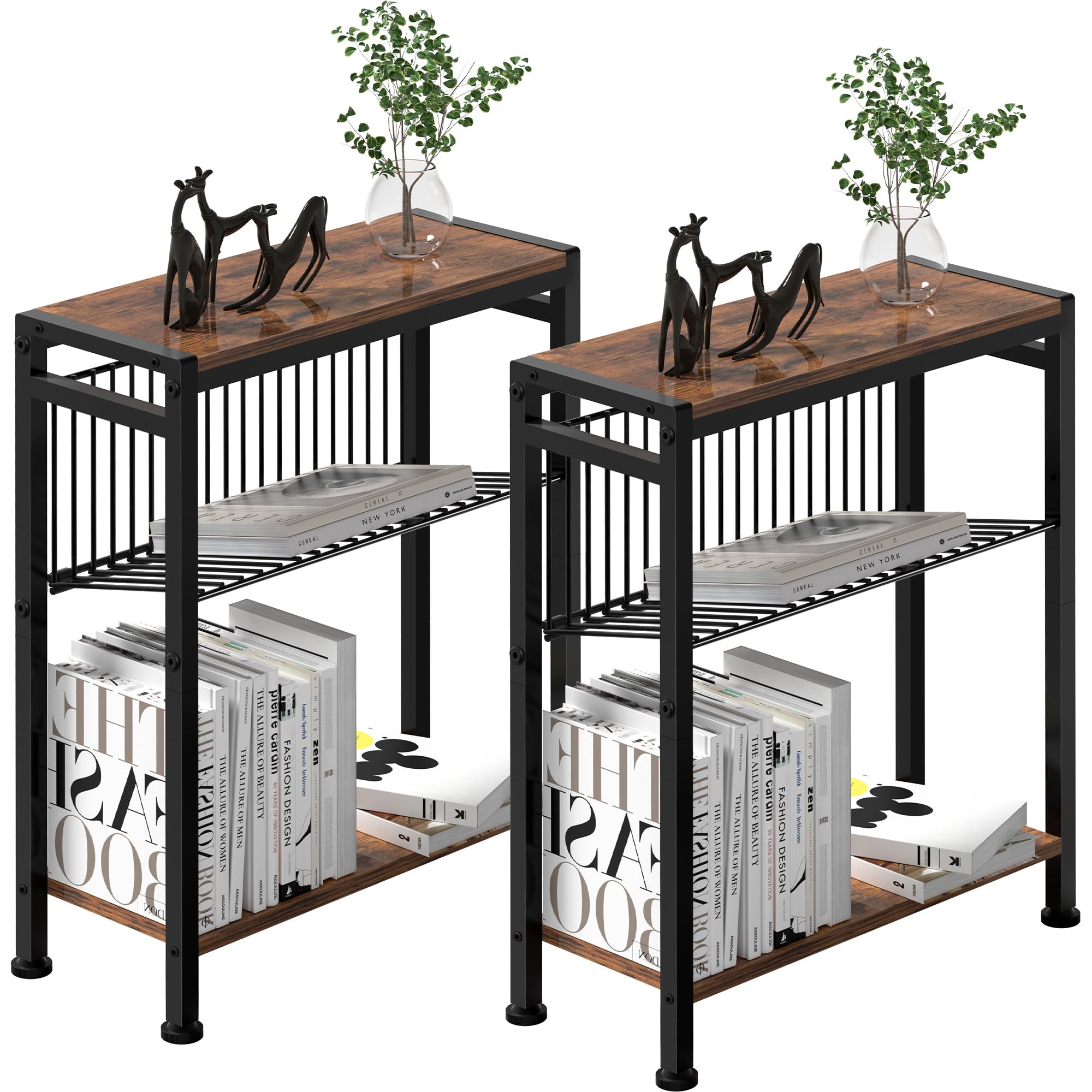 Lifenite Side Table For Small Spaces, Set Of 2 Narrow End Table With Magazine Holder, 2 In 1 Design Slim Side Table, Skinny Nigh