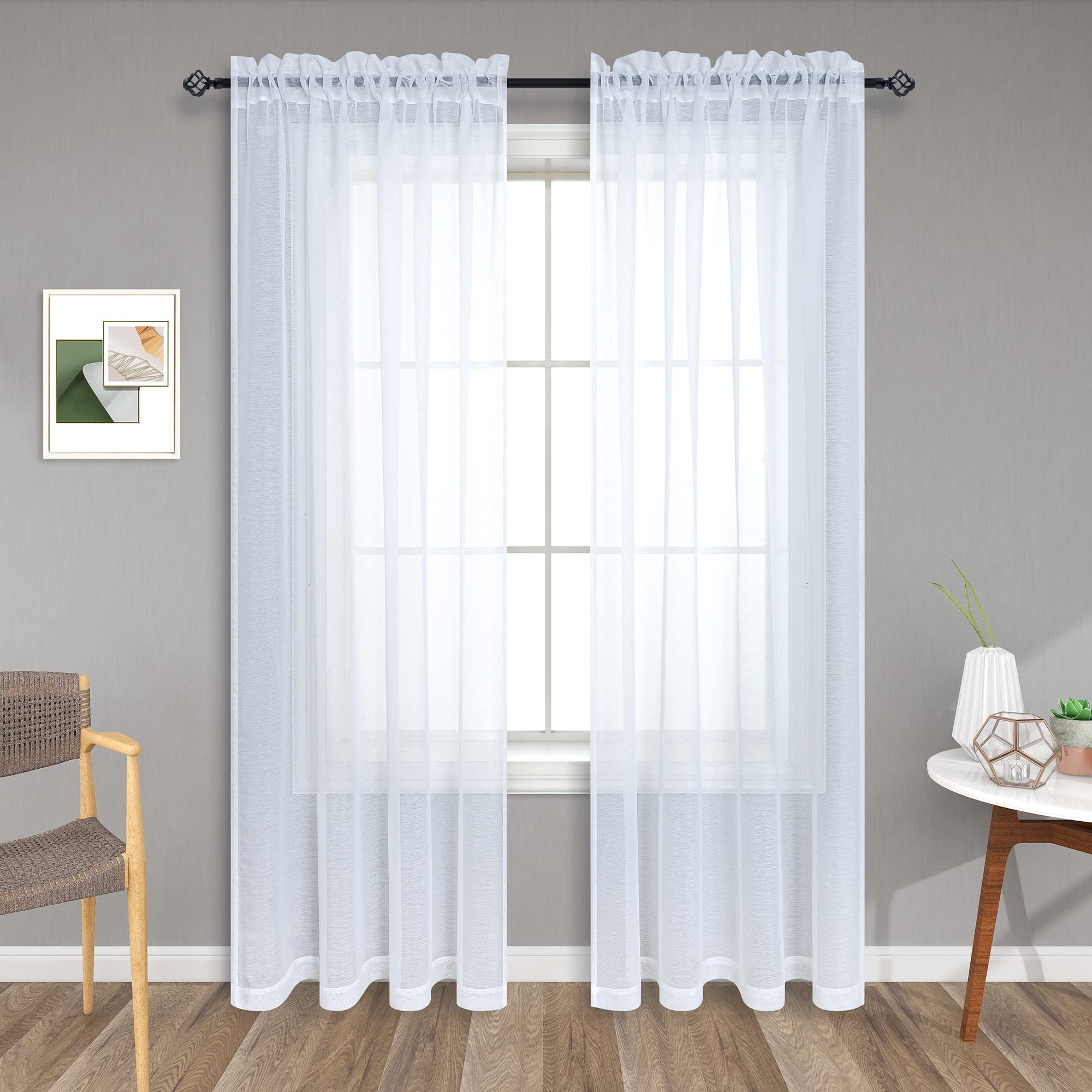 White Sheer Curtains 90 Inches Long for Living Room 2 Panels Set Rod Pocket Transparent Window Curtain Panels for Bedroom 52x90 