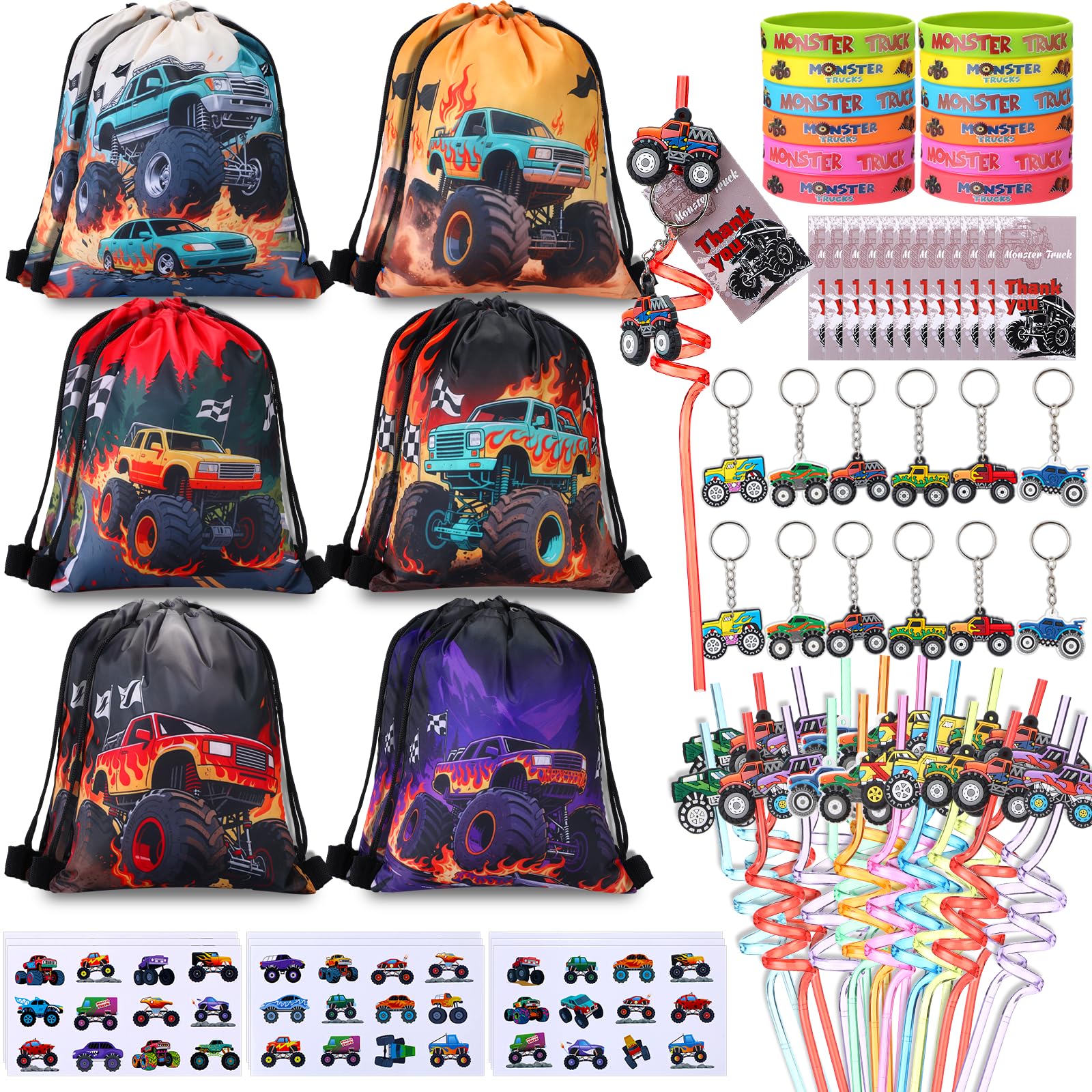 LemonRoad 73 Pcs Monster Truck Party Favors Set Birthday Supplies Includes Drawstring Bags Keychains Bracelets Stickers Straws T