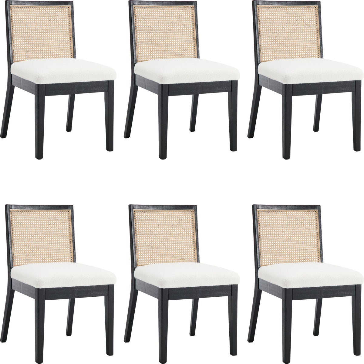 Bestano Farmhouse Rattan Dining Chairs Set Of 6 Black Wood Dining Room Chairs Rectangle Cane Country Kitchen Chairs Upholstered