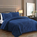 Cozy Line Home Fashions Navy Blue Velvet Basketweave Luxurious Velveteen Velour Super Soft Quilt Bedding Set, Coverlet, Bedsprea