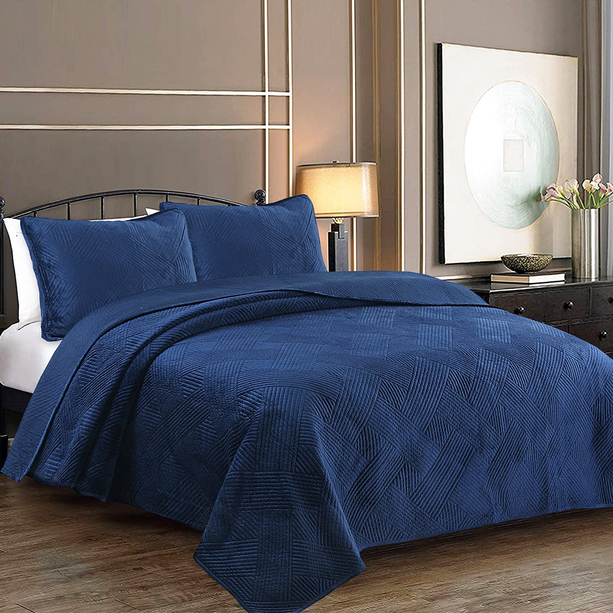 Cozy Line Home Fashions Navy Blue Velvet Basketweave Luxurious Velveteen Velour Super Soft Quilt Bedding Set, Coverlet, Bedsprea