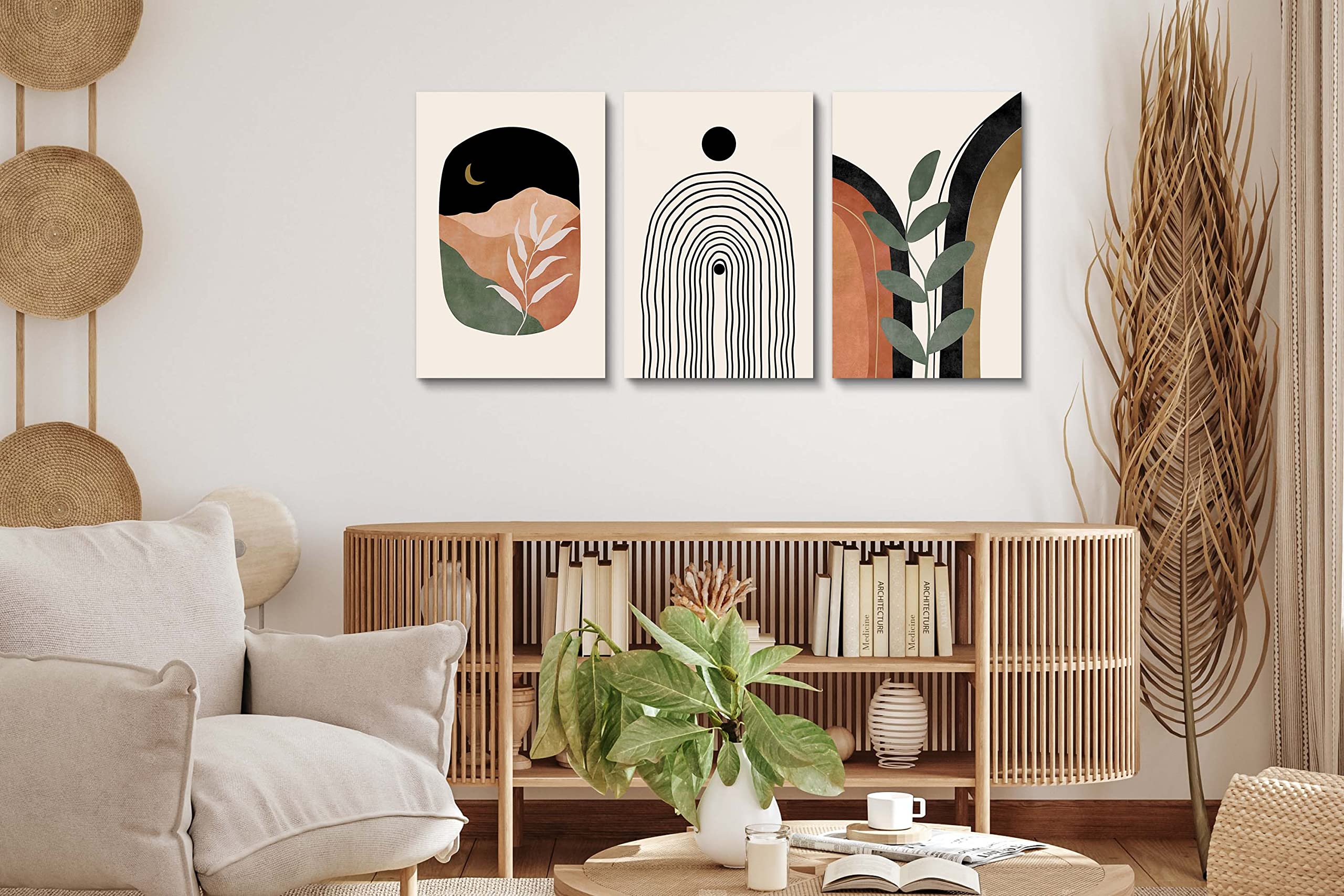 Boho Wall Art Prints Set Of 3, Boho Wall Decor, Mid Century Modern Prints Sun Moon Leaf Mountain Canvas Wall Painting, Neutral A