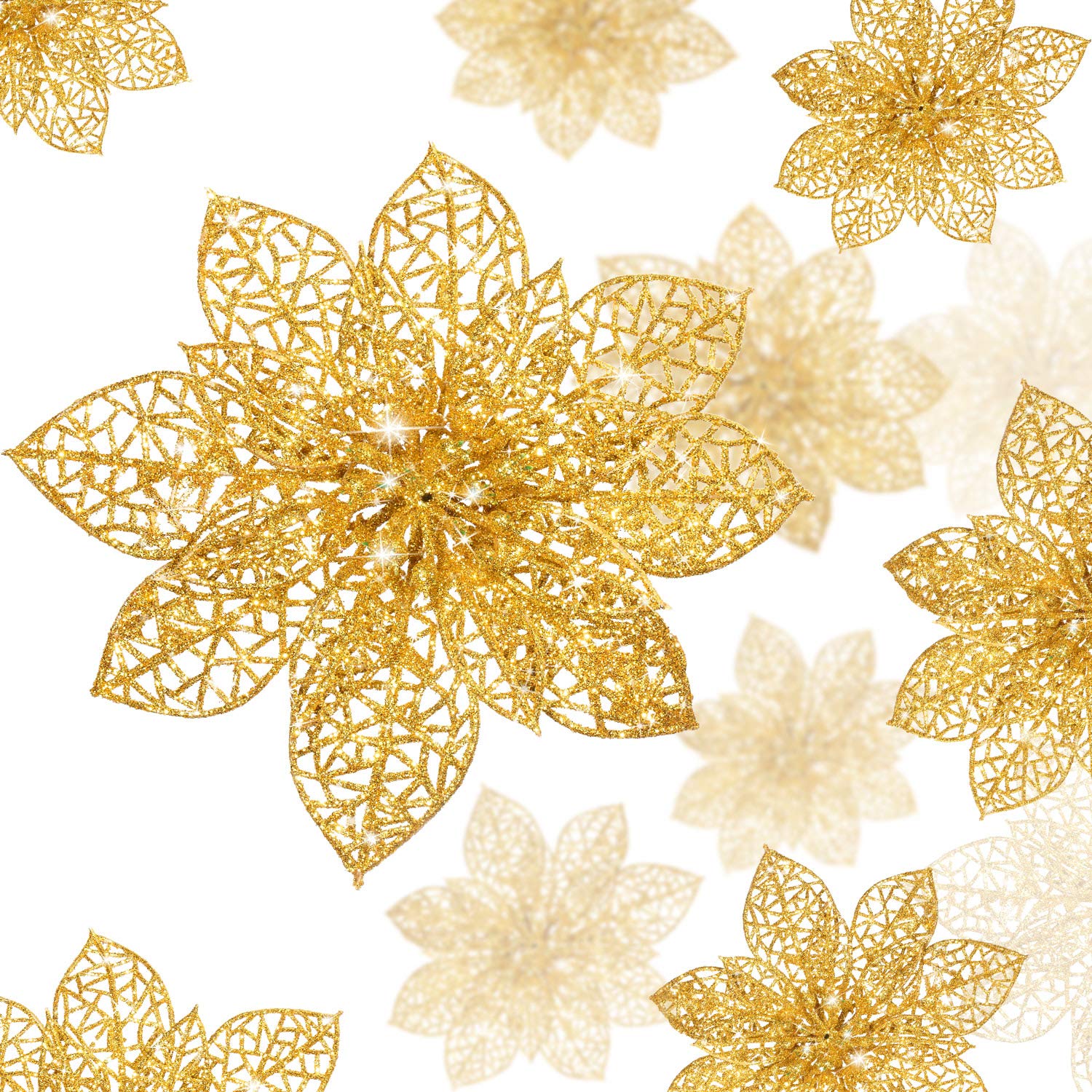 WILLBOND 36 Pieces Christmas Poinsettia Flowers Artificial Ornaments Glitter Christmas Decorations Tree Wedding New Year(Gold)