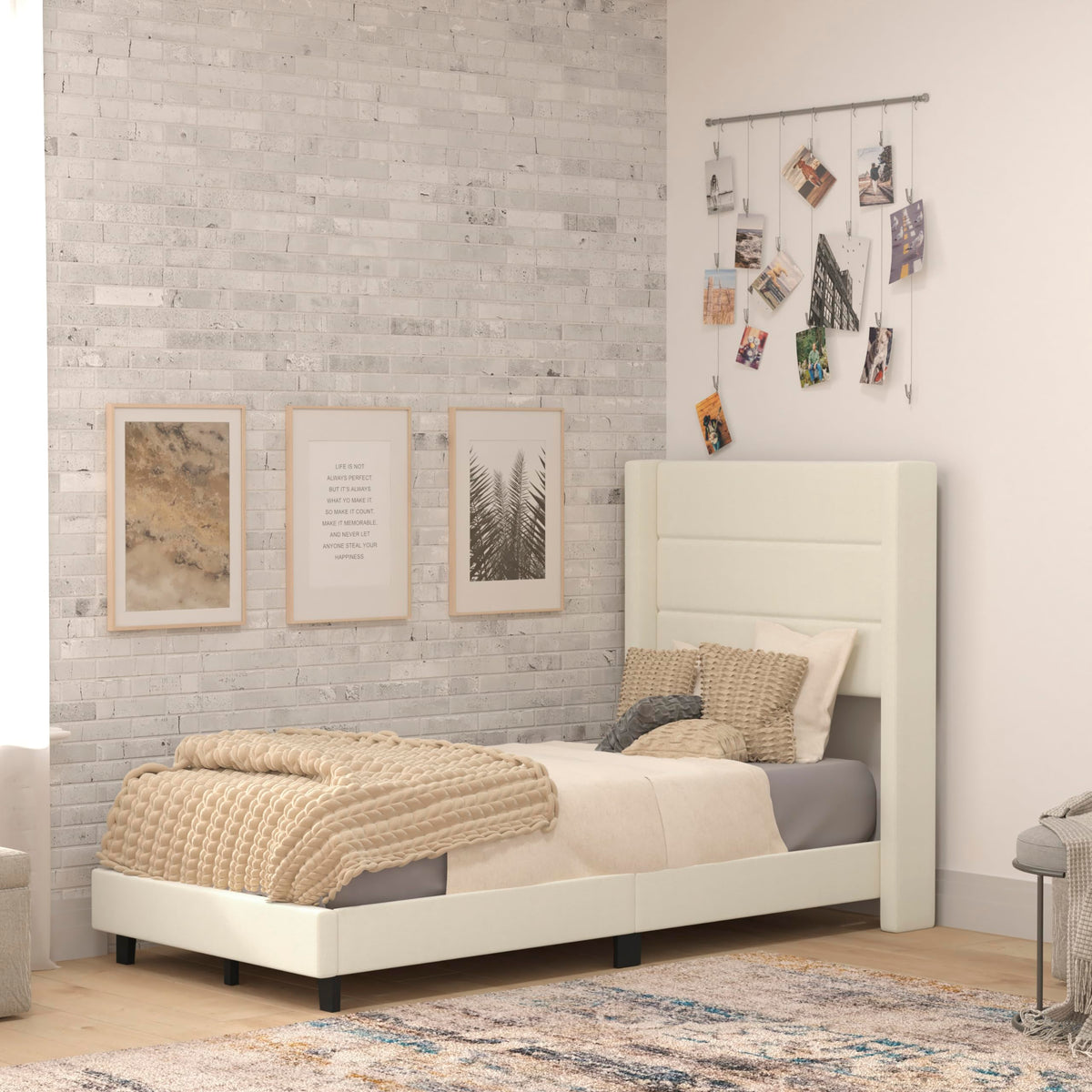 Flash Furniture Hollis Upholstered Platform Bed - Beige Faux Linen Wingback Headboard - Twin - Mattress Foundation with Slatted Supports - No Box Spring Needed