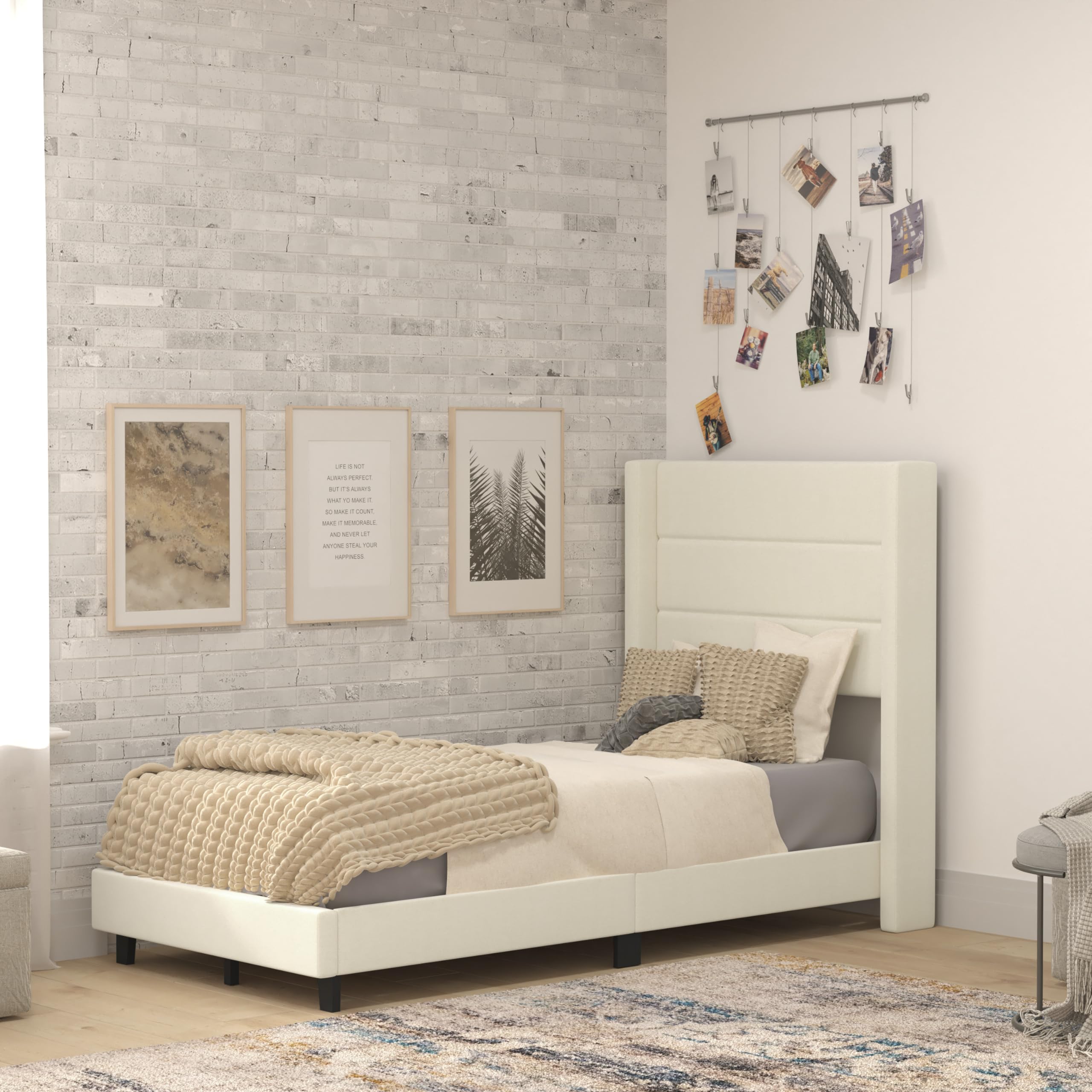 Flash Furniture Hollis Upholstered Platform Bed - Beige Faux Linen Wingback Headboard - Twin - Mattress Foundation with Slatted Supports - No Box Spring Needed