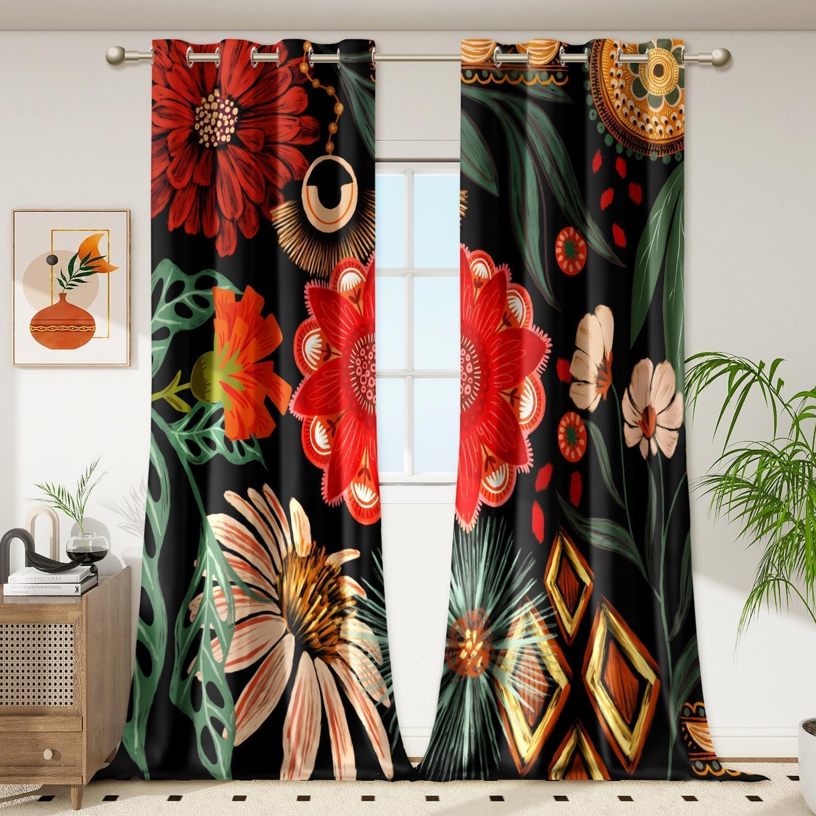 Tyrot 100% Blackout Black Boho Floral Curtains 108 Inch Extra Long For Living Room Mid Century Botanical Black Out Curtains Room