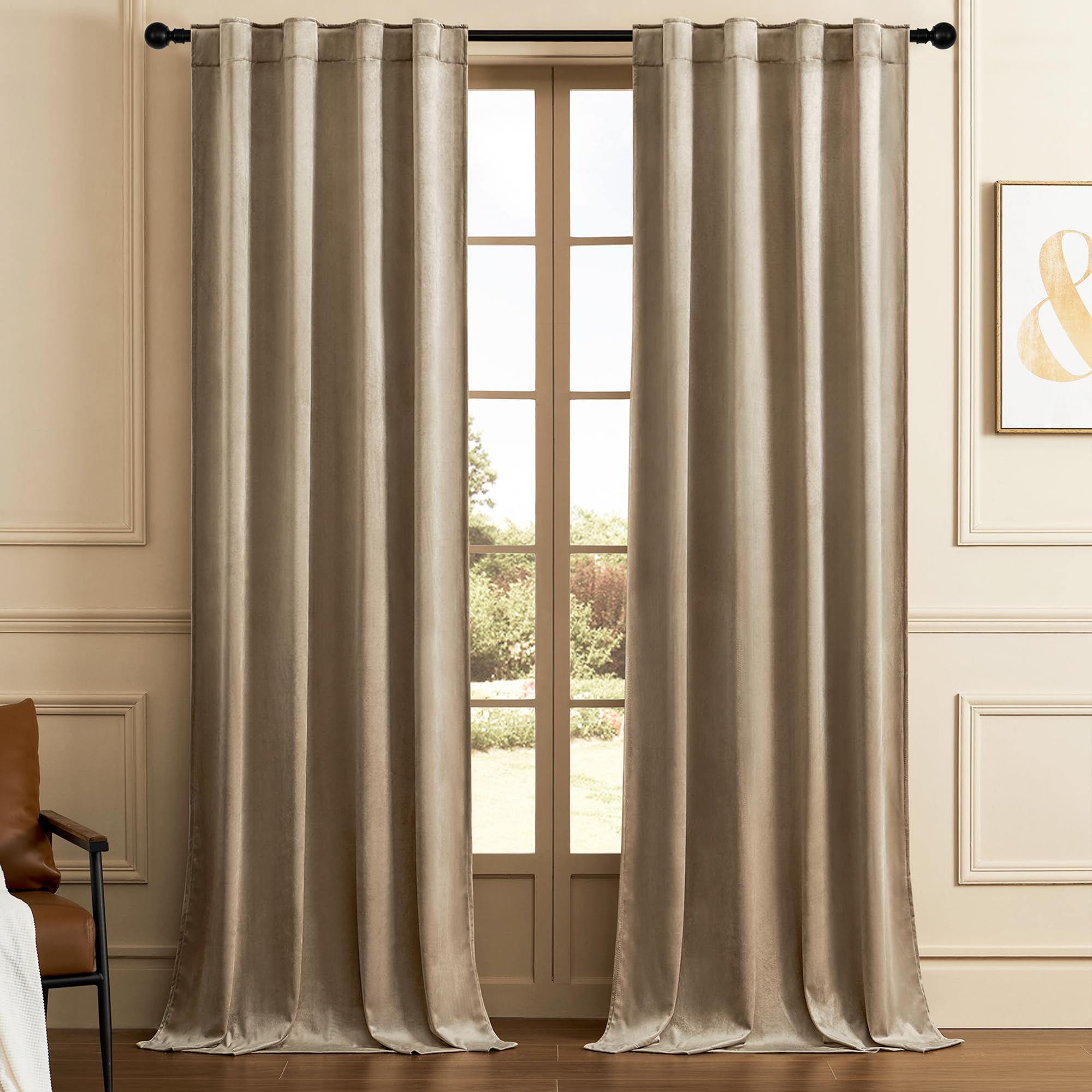 Timeper 96 Inches Taupe Velvet Curtains, Room Darkening Privacy Shades As Window Treatment Thermal Curtains For Living Room Bedr