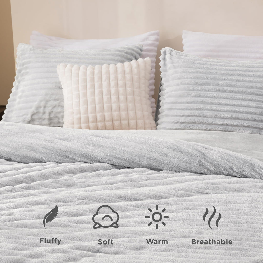 Andency Queen Comforter Set, Fluffy Super Soft Light Grey Comforter For Queen Size Bed, Winter Warm Fleece Faux Fur Bedding Set,