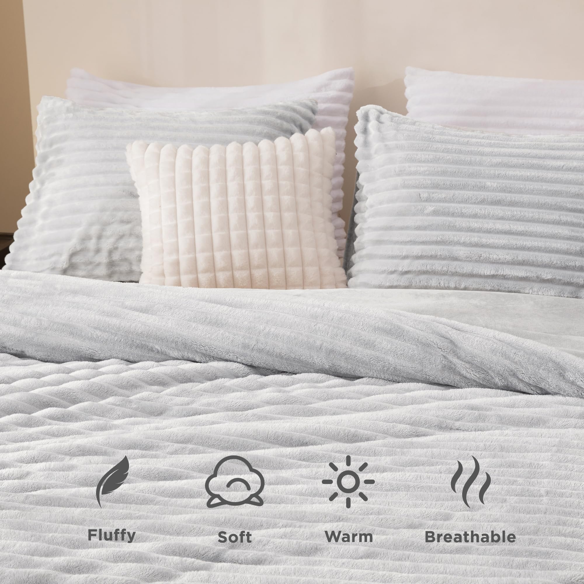 Andency Queen Comforter Set, Fluffy Super Soft Light Grey Comforter For Queen Size Bed, Winter Warm Fleece Faux Fur Bedding Set,