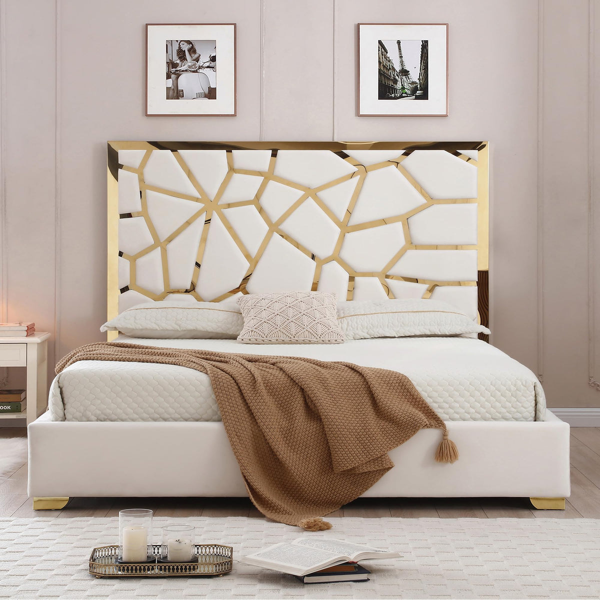 Woodpeckers Furniture And Mattress Serenity Velvet Bed with Gold Metal Frame (Cream, King)