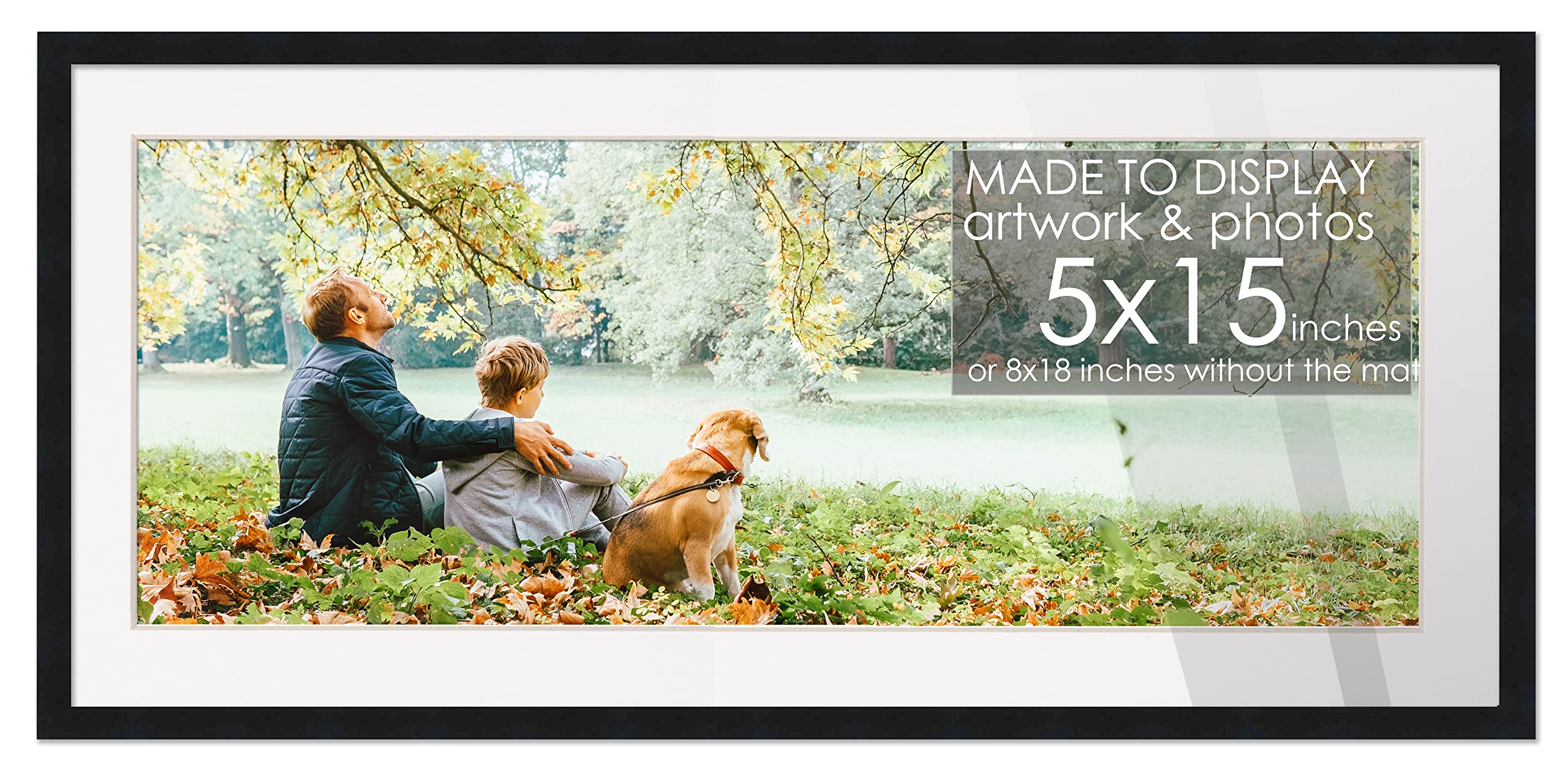 5x15 Frame Black Wood with White Mat | 8x18 Frame Matted to 5x15 | Display Your Artwork Under UV Acrylic Shatter Guard Front, wi