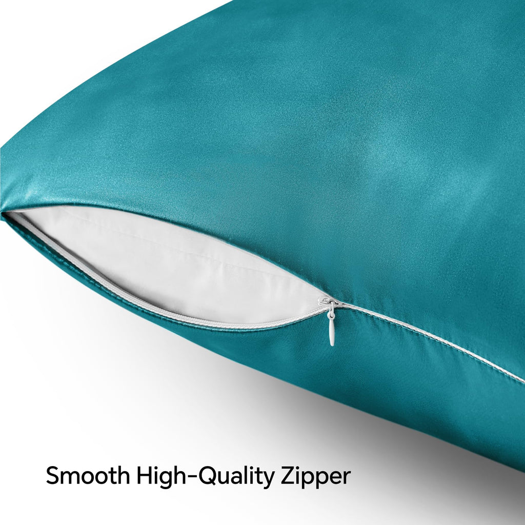 Bedelite Satin Pillowcase With Zipper, Teal King Size Pillow Cases Set Of 2, Super Soft And Cooling Similar To Silk Pillow Cases