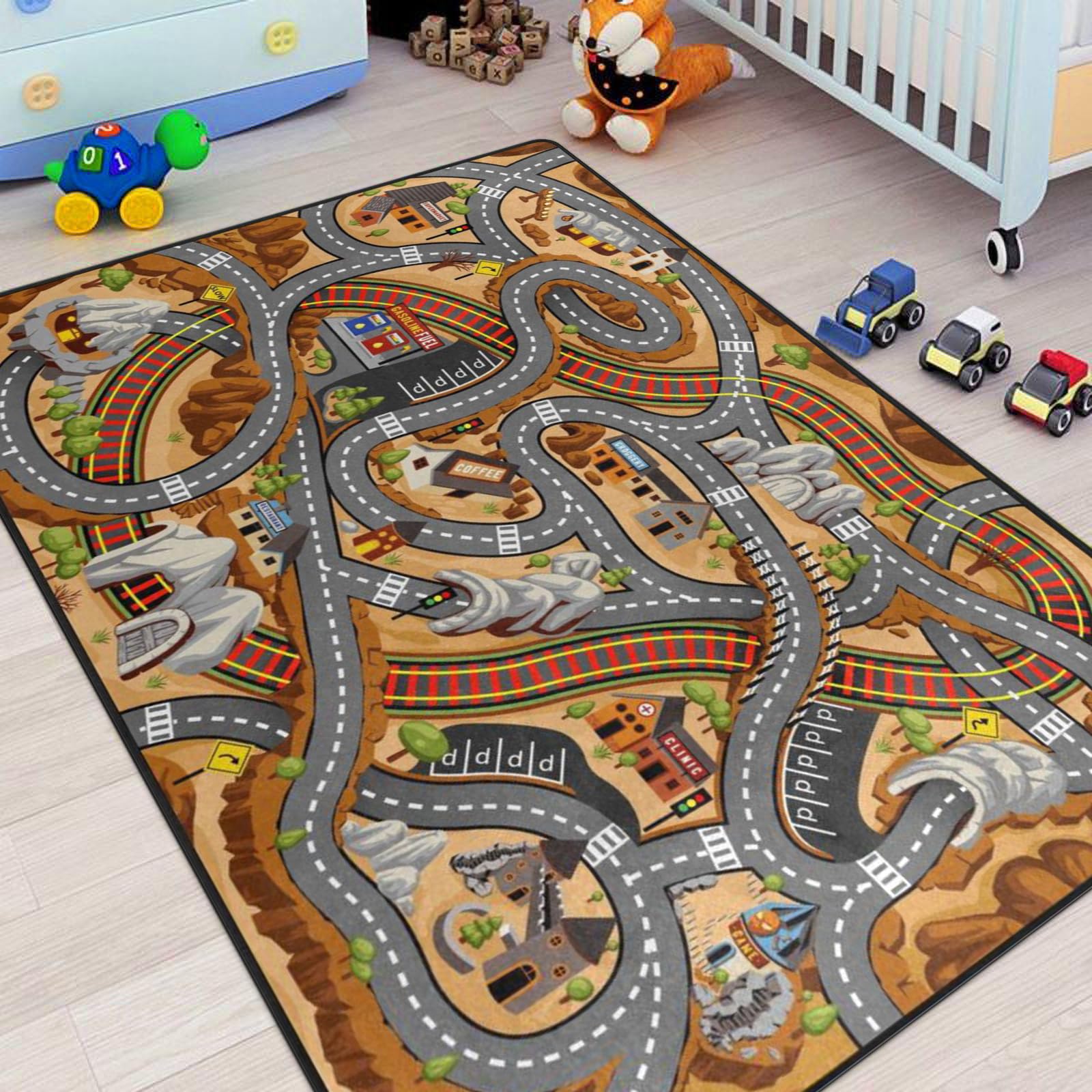 Kids Rug, Mountain Road Playmat Rugs - 5X7 Ft Kids Carpet With Rubber Backing, Cartoon Off-Road Mountain Highway Road Play Mat N