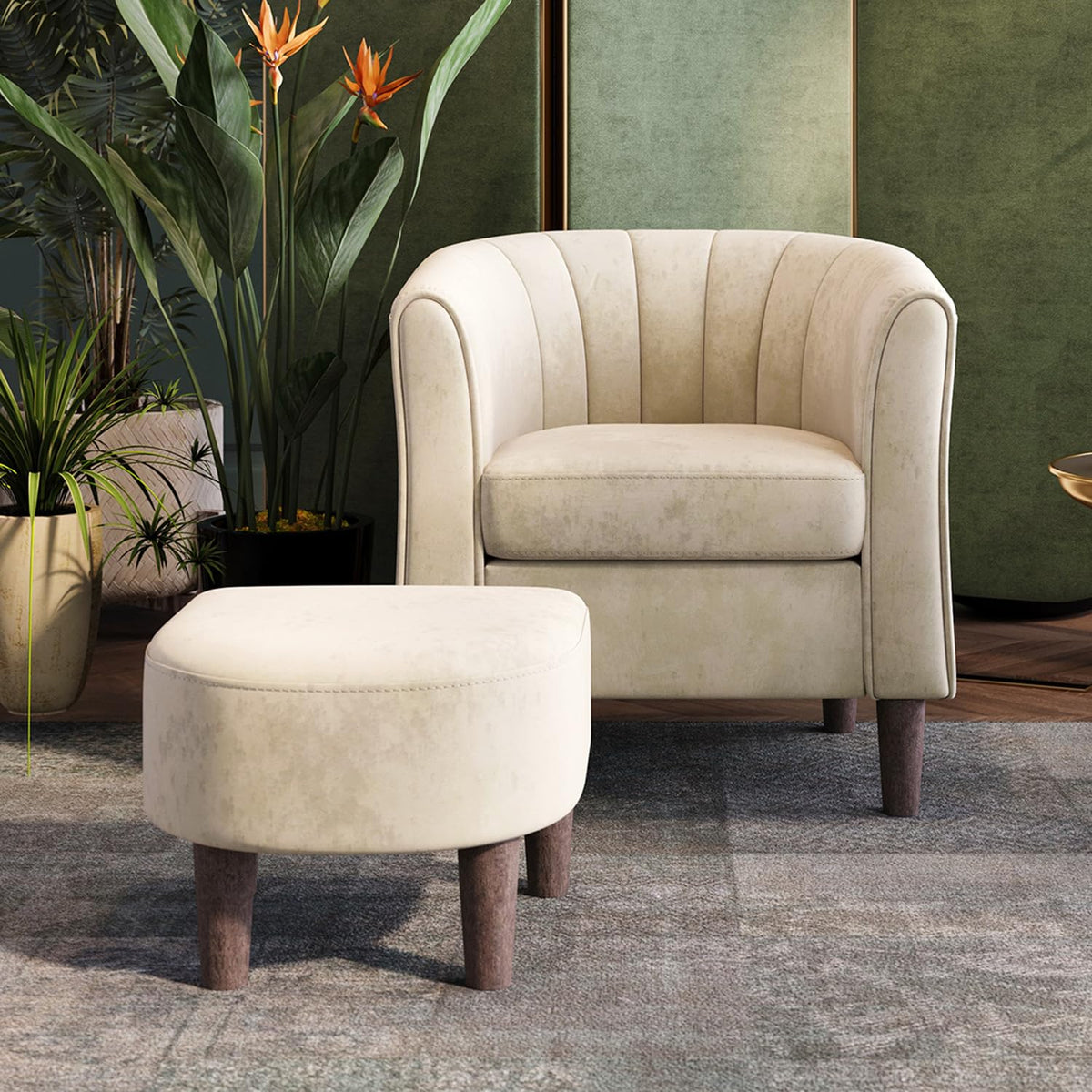 Linsy Accent Chair With Ottoman, Modern Barrel Chair Comfy Armchair Reading Chair With Footrest, Small Round Arms Chair For Livi
