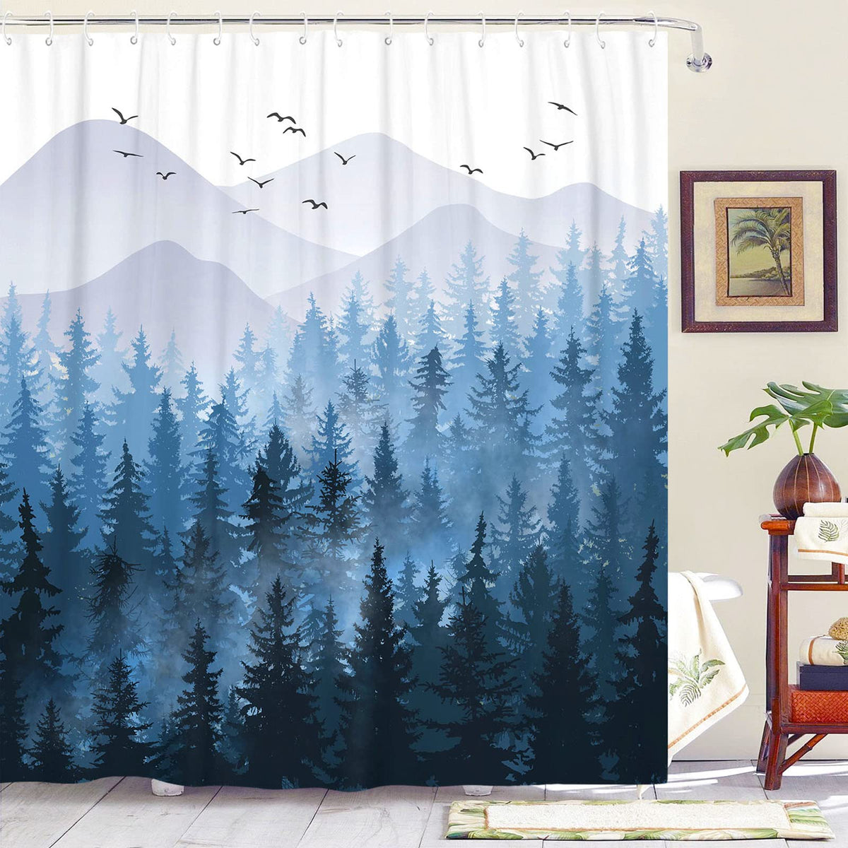 Accnicc 84 Inch Blue Misty Forest Shower Curtain Set Ombre Navy Blue White Waterproof Fabric Shower Curtains Nature Tree Mountai