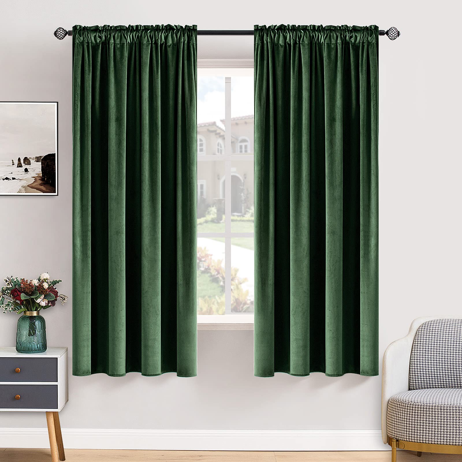 Miulee Olive Green Velvet Curtains Thermal Insulated Blackout Curtain Drapes For Bedroom Living Room Darkening 63 Inches Long Curtains Panels Rod Pocket Set Of 2