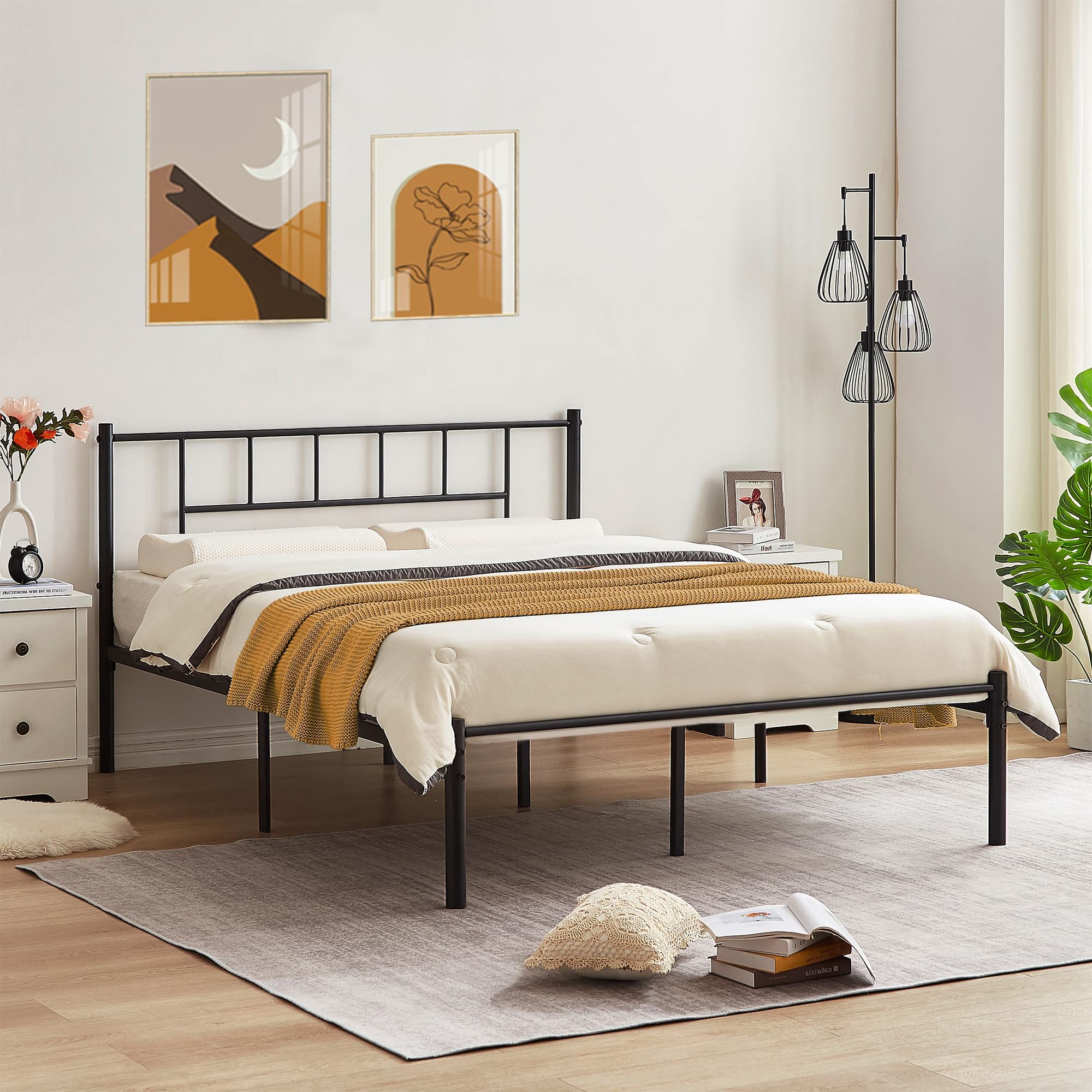 Vecelo Queen Metal Platform Bed Frame With Headboard, Heavy Duty Steel Slat Support, Under Bed Storage,No Box Spring Needed, Easy Assembly