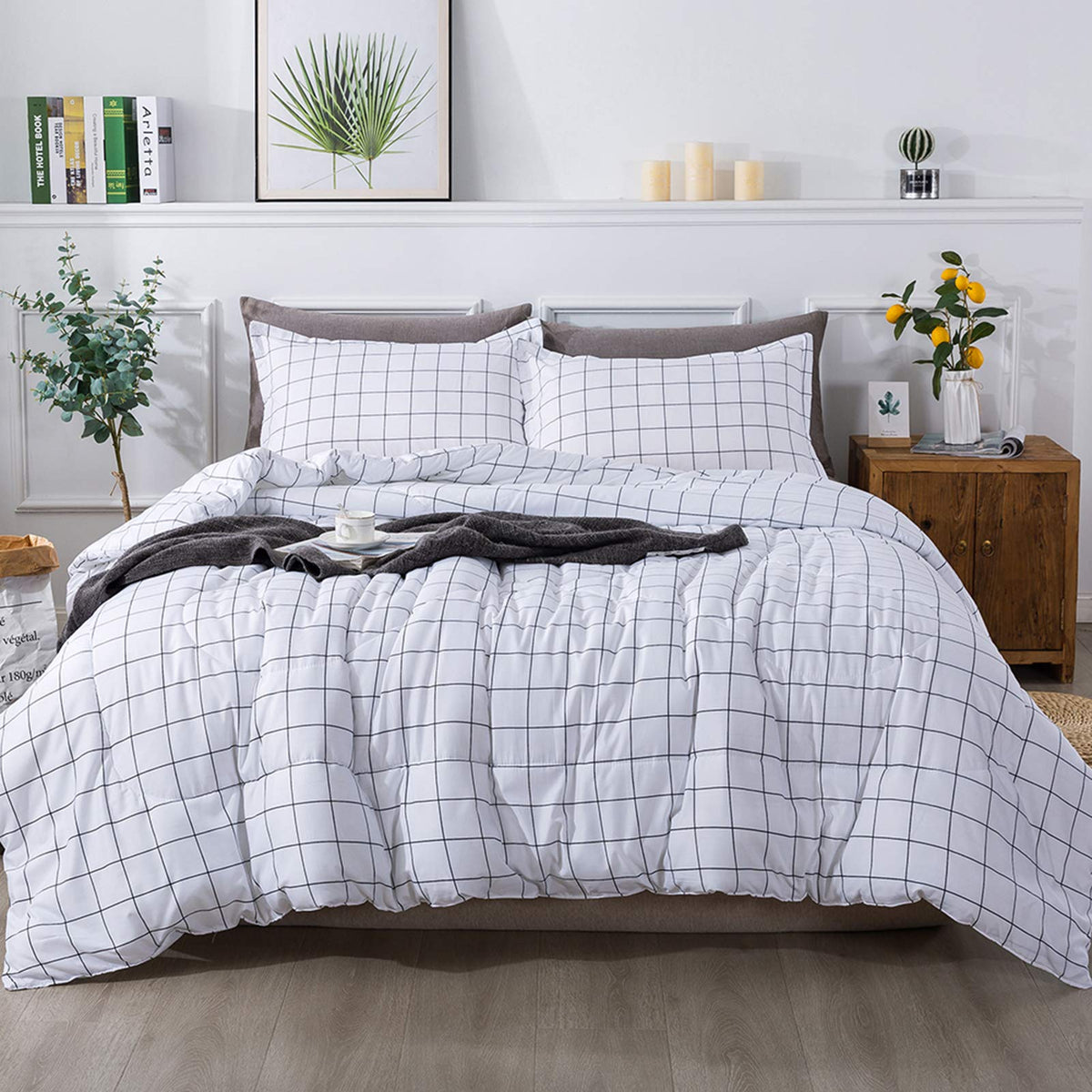Andency White Full Size Comforter Set, 3 Pieces Lightweight Grid Bedding Comforter Sets, White Black Striped Fluffy Microfiber B
