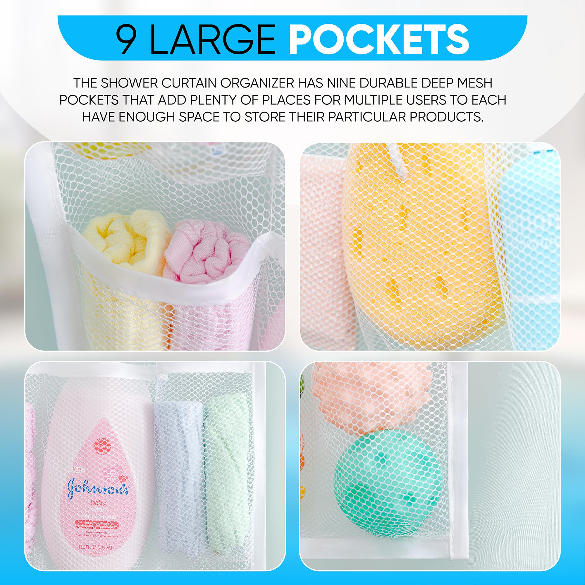Handy Laundry Shower Curtain Bathroom Organizer -9 Pockets- Perfect For Organizing Home Bath, Your Toiletries And Kid'S Toys In