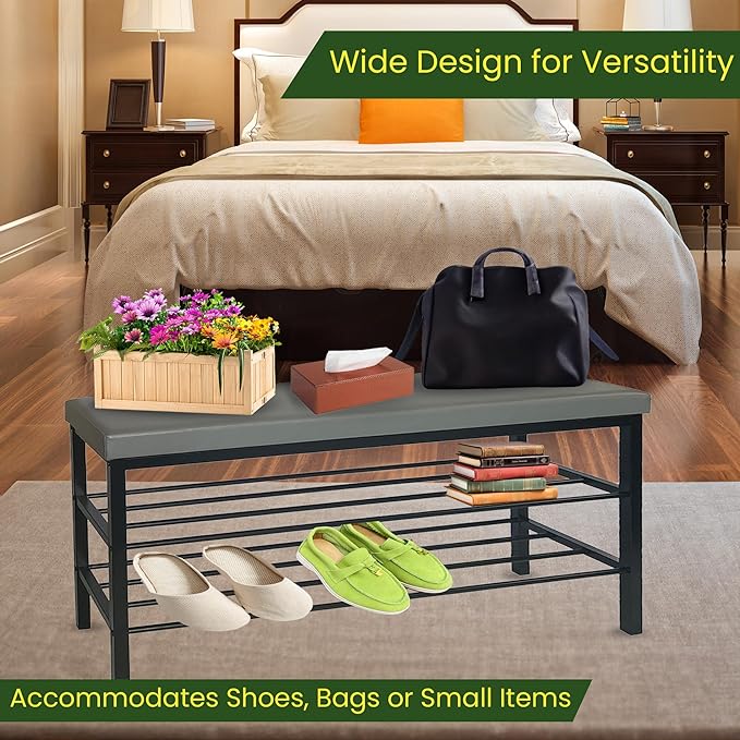 Entryway Shoe Storage Bench with Cushioned Seat, 3-Tier Shelf, Black Steel