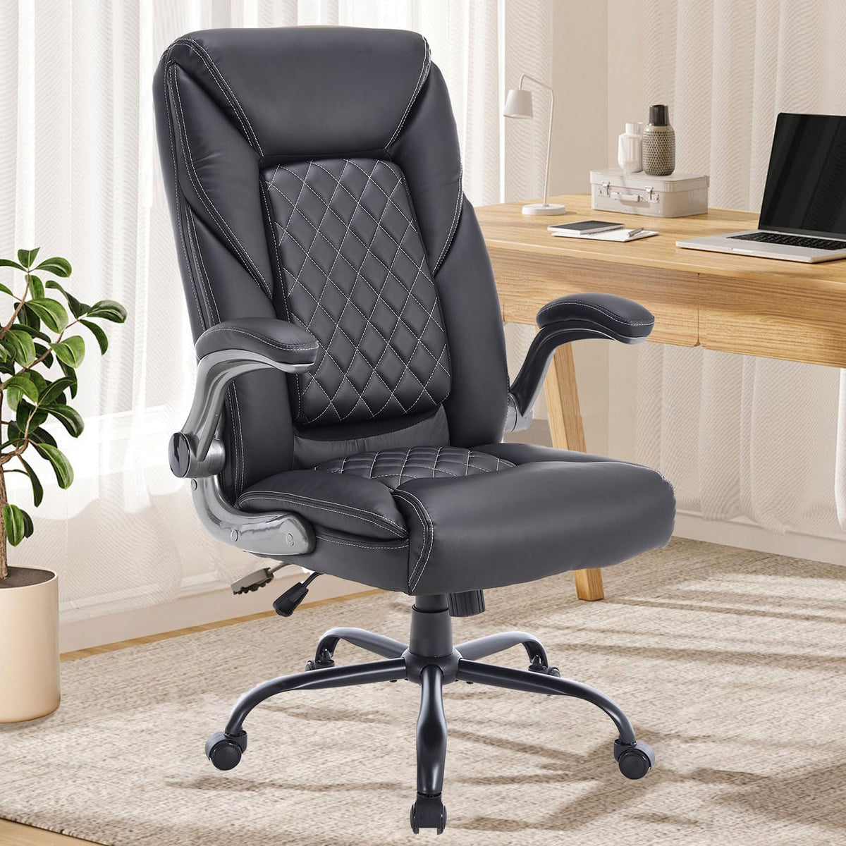 Linting 350Lbs Ergonomic Executive Office Chairs With Lumbar Back Support Leather Desk Chair With Wheels Flip Up Arms, Black Roc