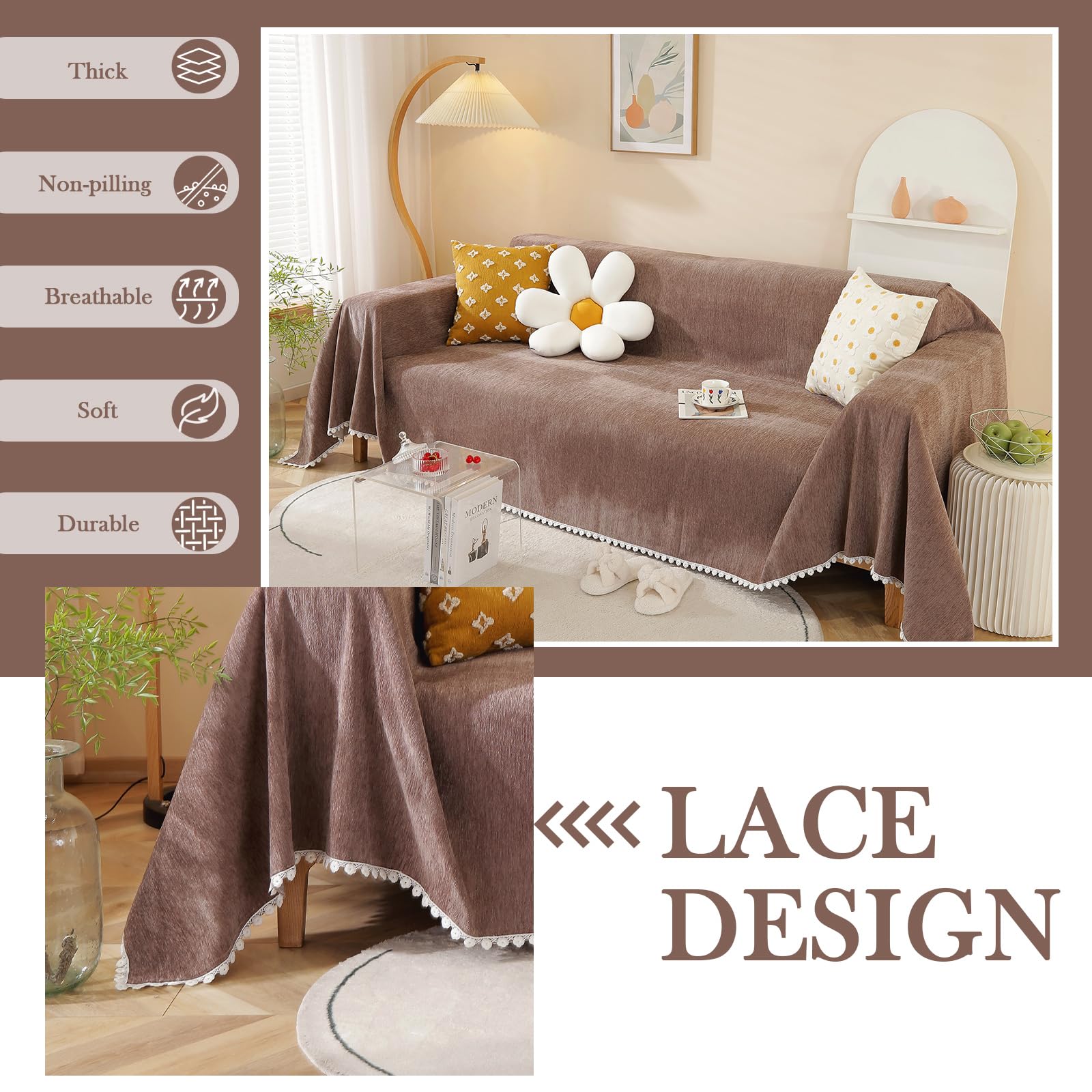 Handontime Brown Sofa Covers Slipcover Simple Couch Cover For Pet Dogs Couch Cushion Covers For L Shape Chocolate Sofa Throw Cover Machine Washable Sectional Couch Covers For Living Room, 71' X118'