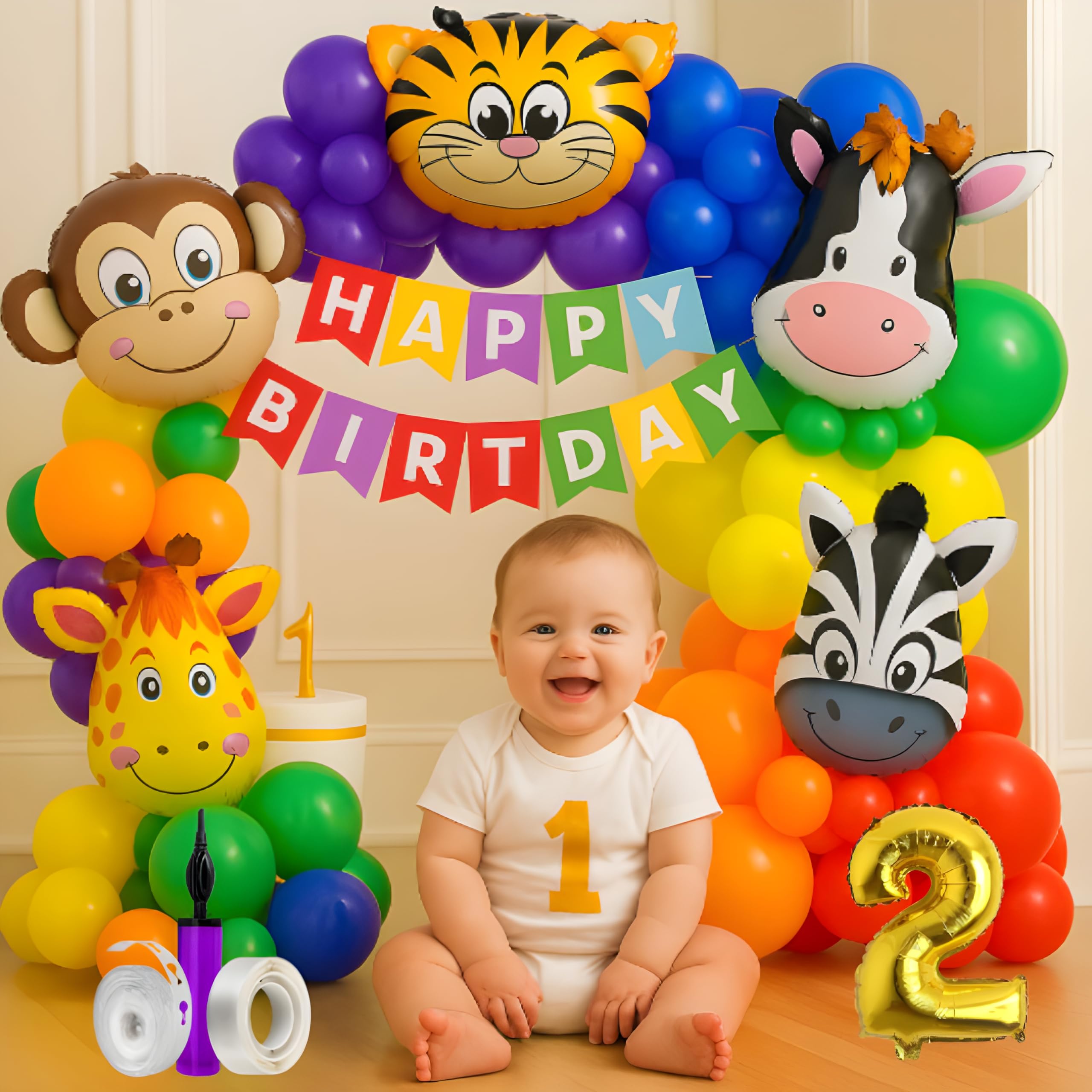 Groovydudz Jungle Theme 2Nd Birth Day Decoration Combo  54 Pcs Happy 2 Year Birth Day Party Kit For Baby Boy & Girl With Safari