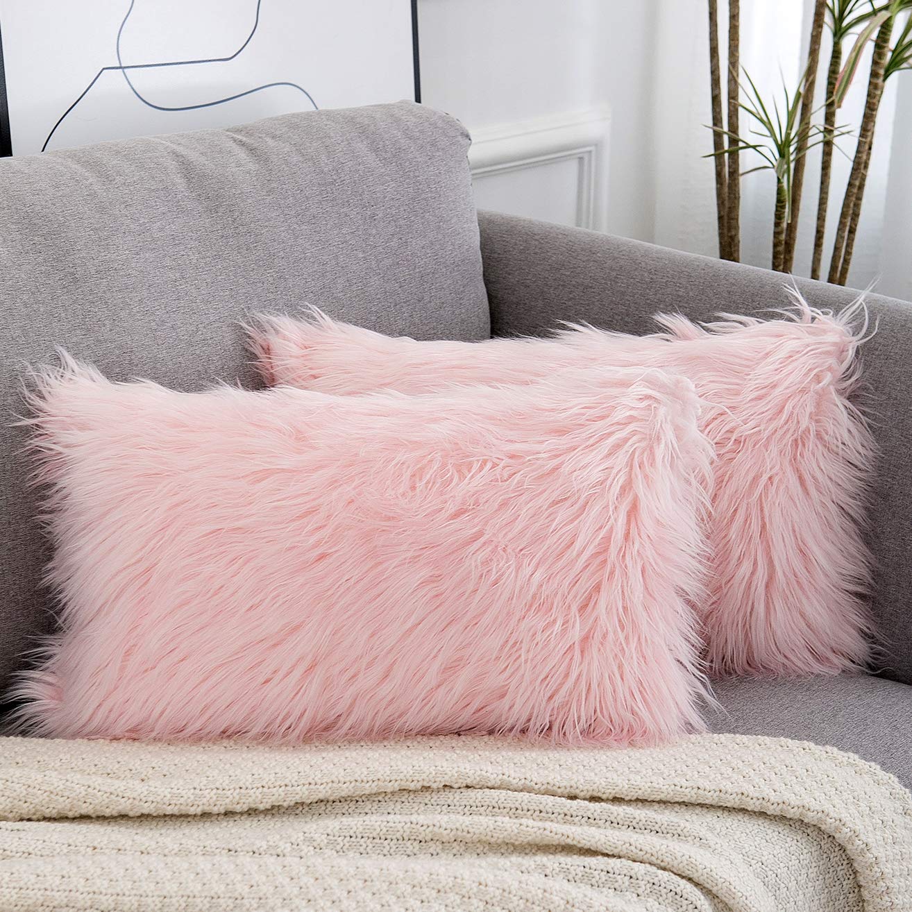 Wlnui Set Of 2 Lumbar Pink Fluffy Pillow Covers New Luxury Series Merino Style Blush Faux Fur Decorative Throw Pillow Covers Fuz