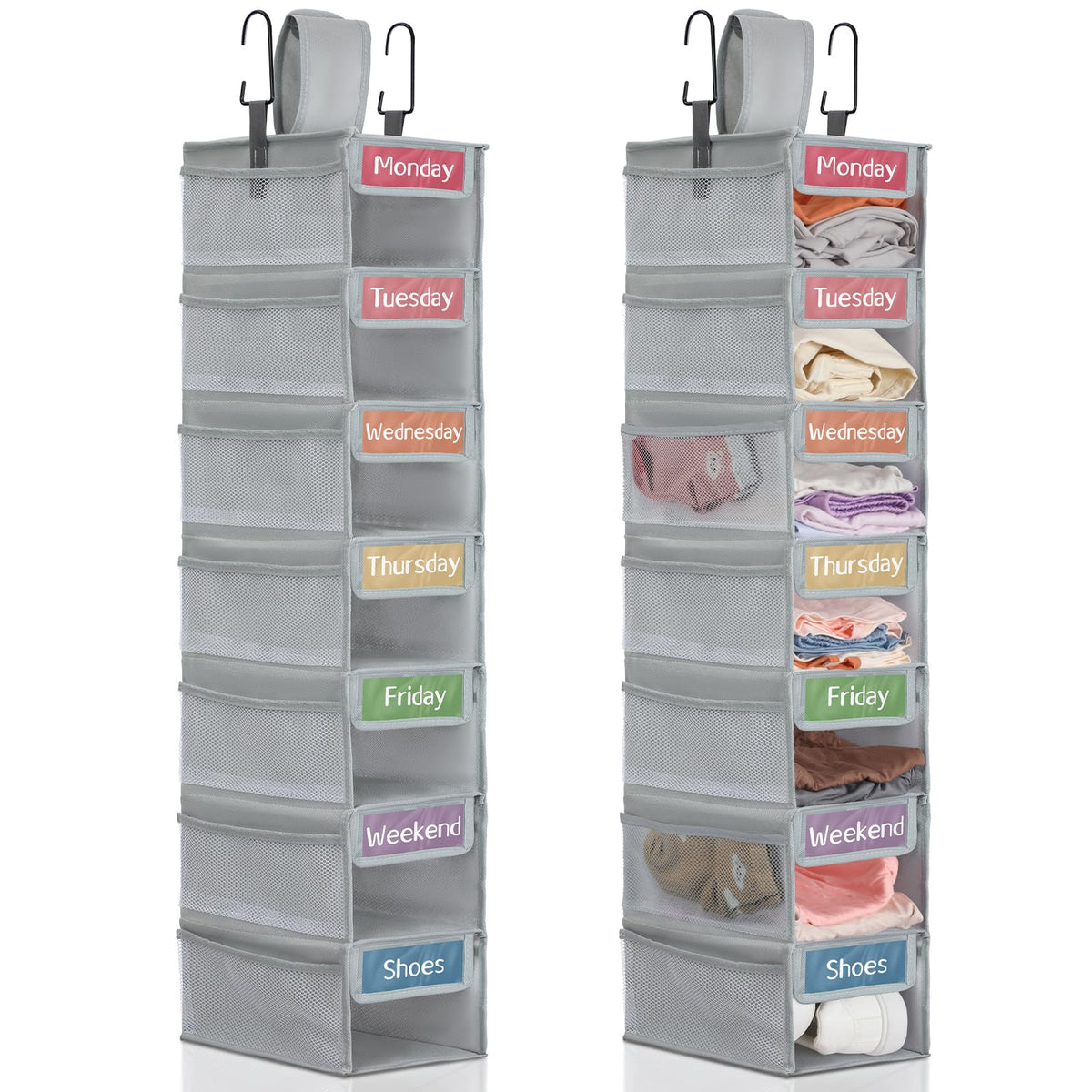 Yeyeplum 2Pcs Weekly Clothes Organizer 7shelf Hanging Kid Closet, Gray