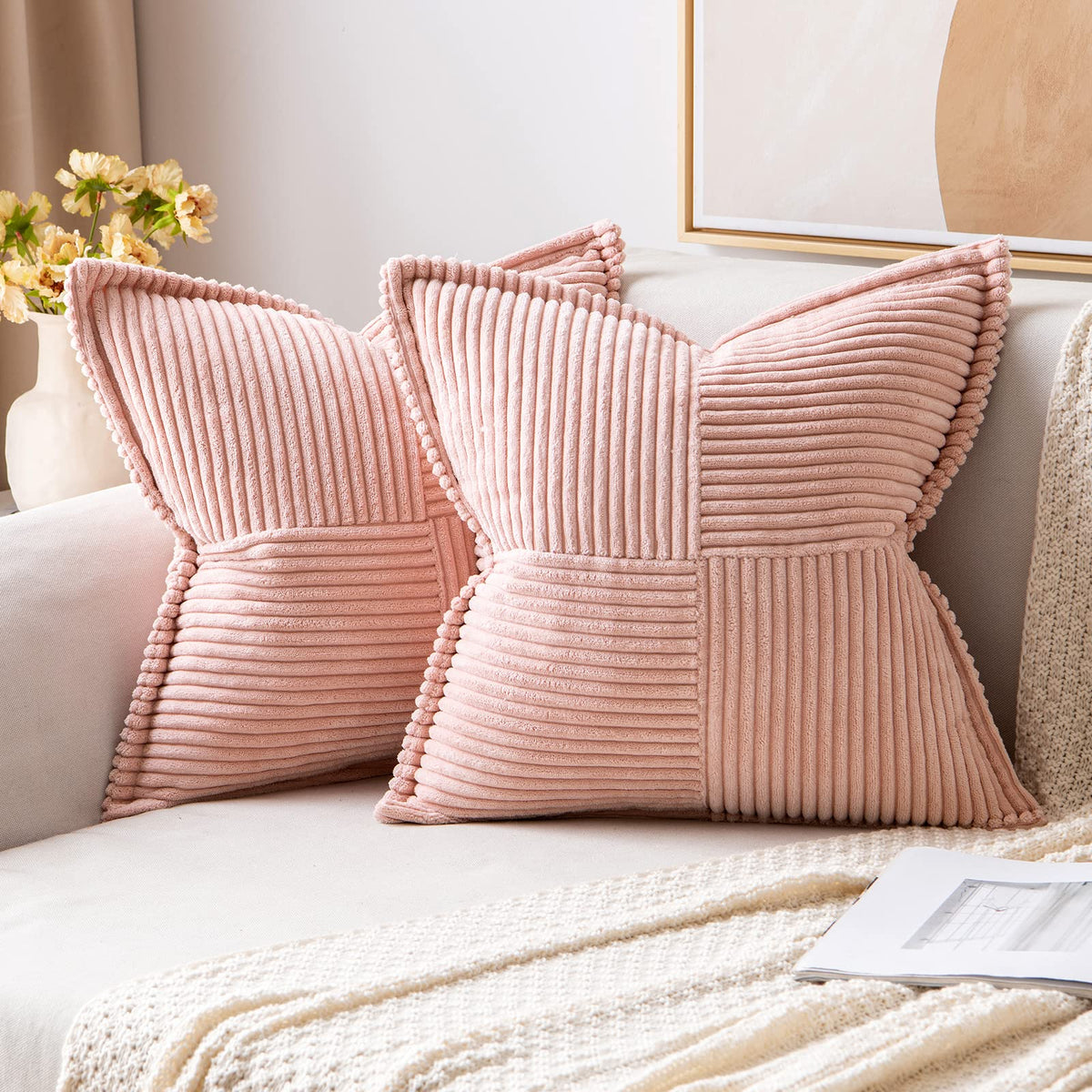 Miulee Pink Corduroy Pillow Covers 24X24 Inch With Splicing Set Of 2 Super Soft Boho Striped Pillow Covers Broadside Decorative