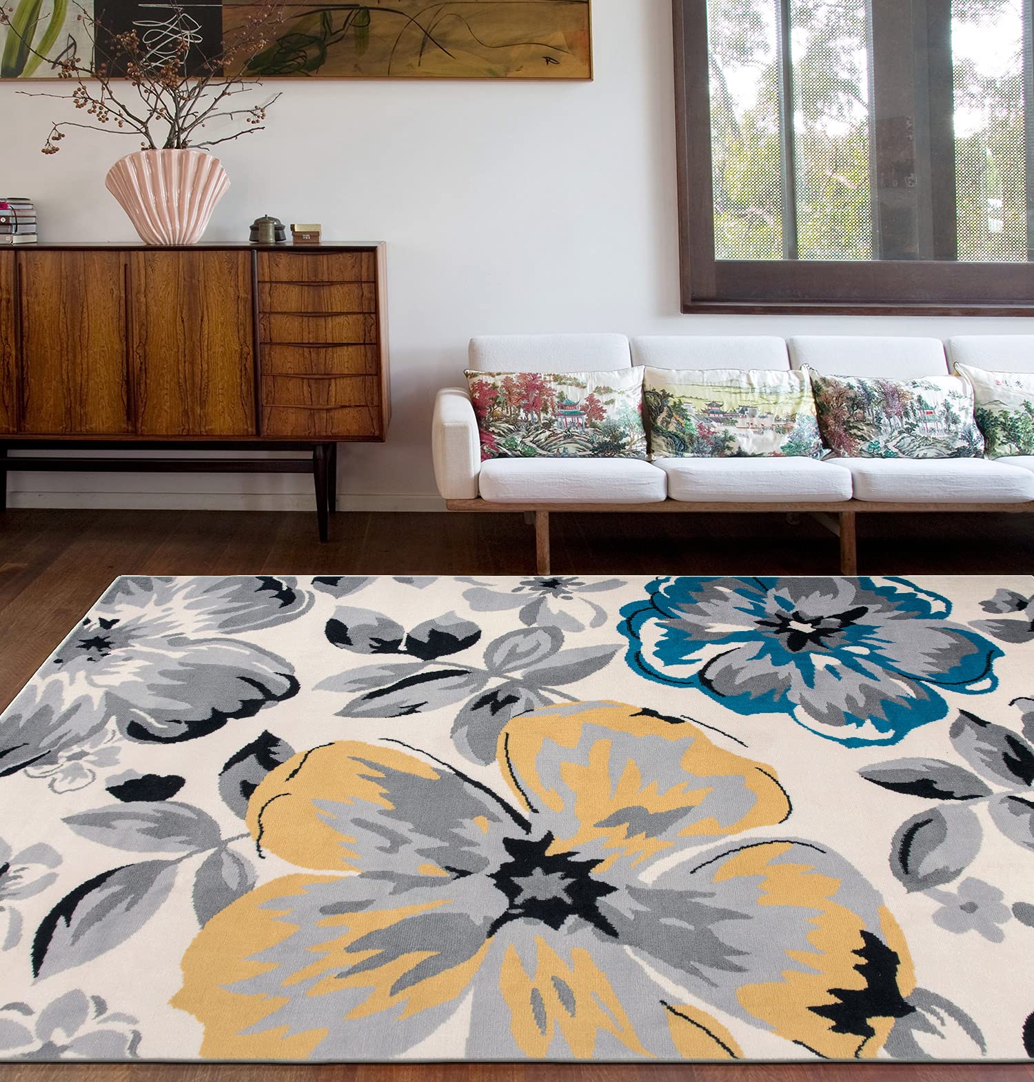 Rugshop Modern Floral Design for Living Room,Bedroom,Home Office,Kitchen Non Shedding Area Rug 6 6 x 9 Cream