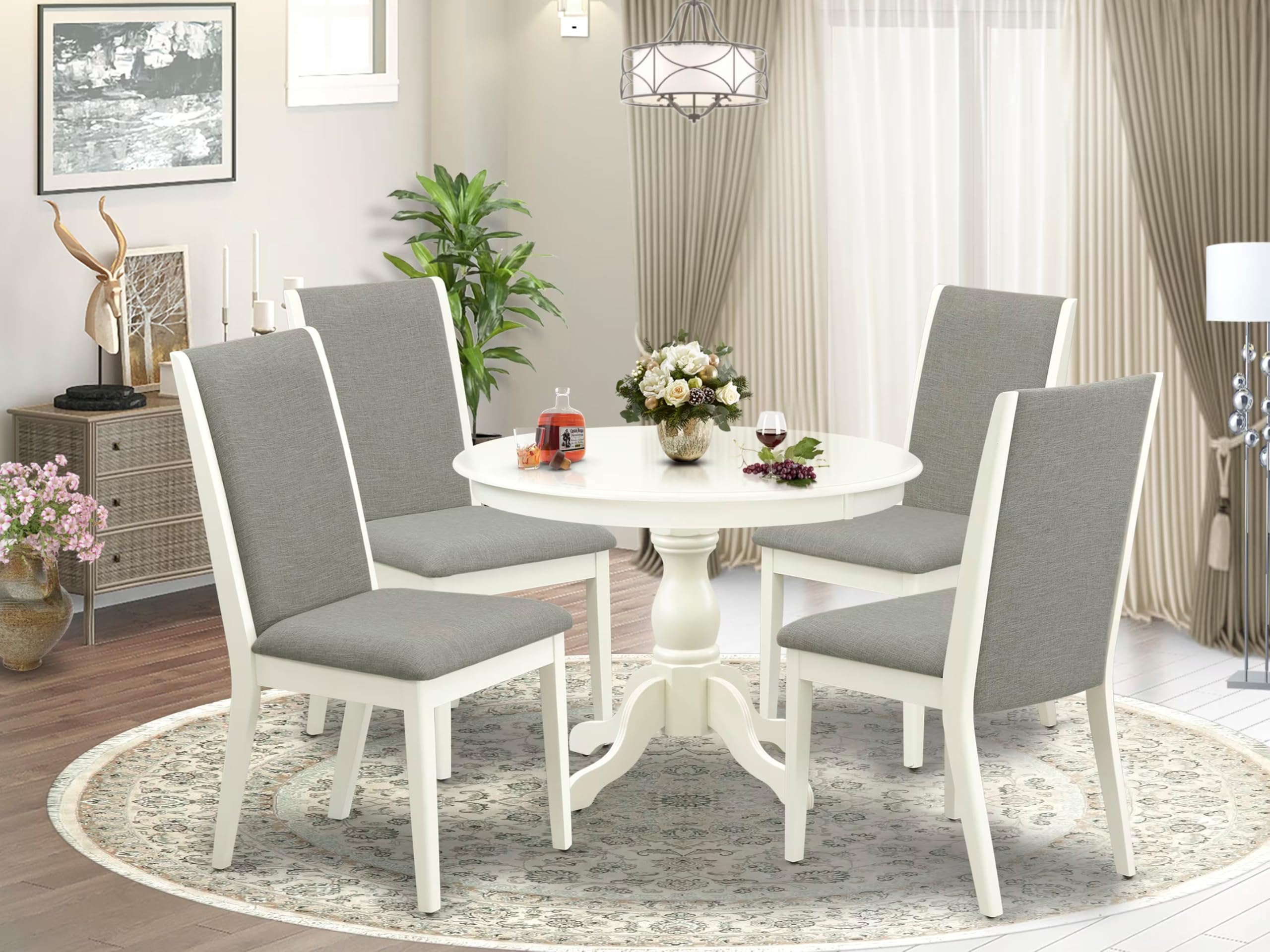 East West Furniture HBLA5-LWH-06 5 Piece Dining Room Table Set Includes a Round Kitchen Table with Pedestal and 4 Shitake Linen Fabric Parsons Dining Chairs, 42x42 Inch, Linen White