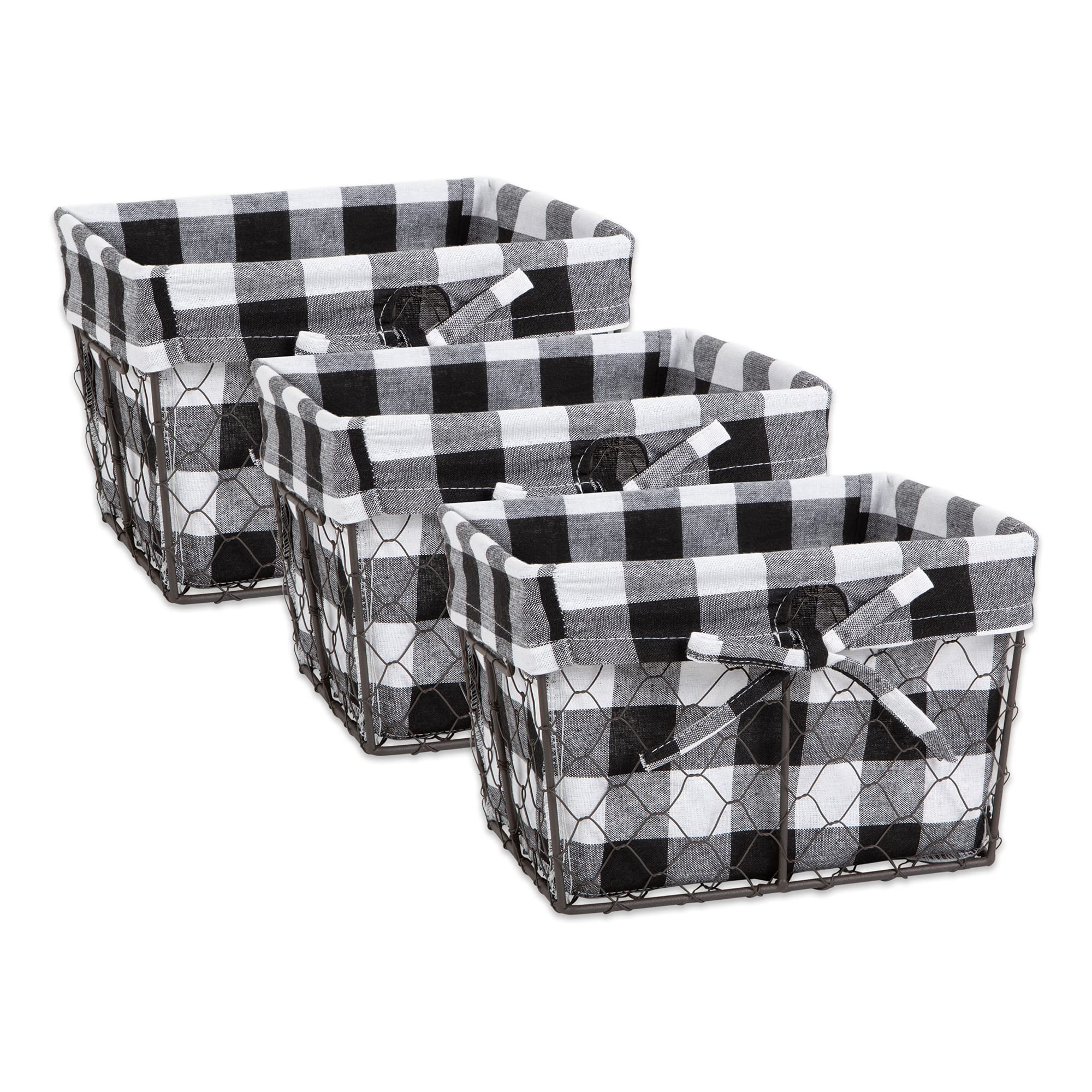 DII Farmhouse Chicken Wire Storage Baskets with Liner, Small, Vintage Black & White Check, 9x7x6, 3 Piece