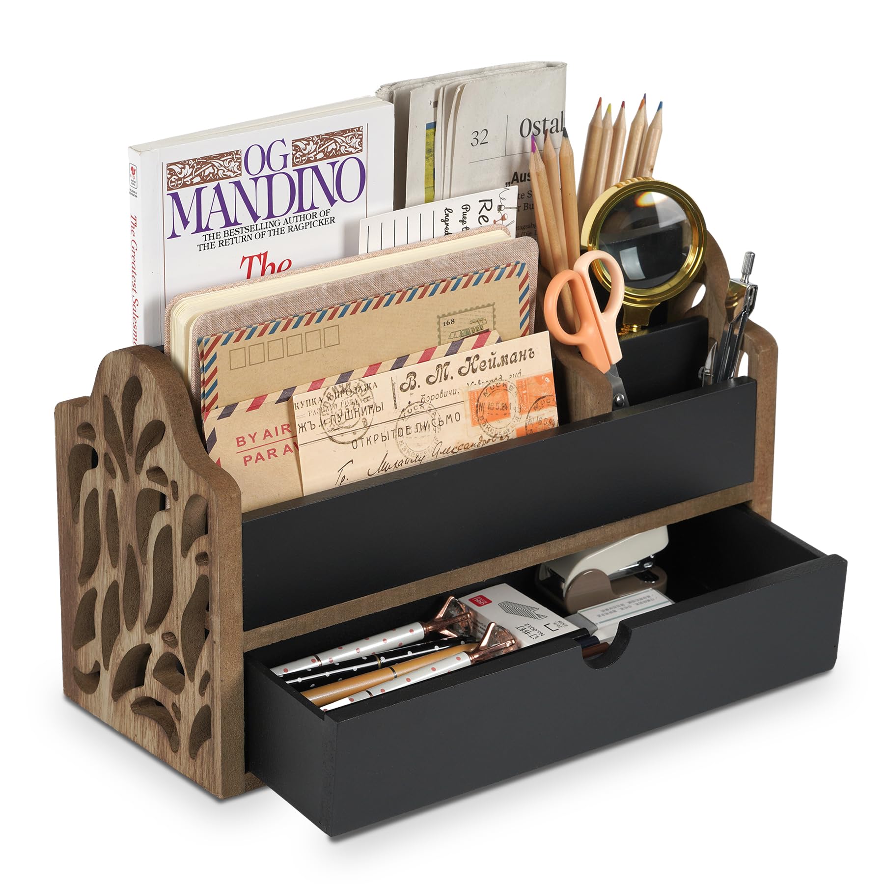 Dhmkfly Desk Organizer With Drawer Wood File Office Mail Organizer Countertop-5 Slot Tabletop Storage Pen Organizer Letter Holde