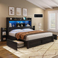 AMERLIFE Full Size Bed Frame with 4 Storage Drawers, LED Bed Frame with 49.6 Tall Bookcase Headboard, Wood Platform Bed with Cha