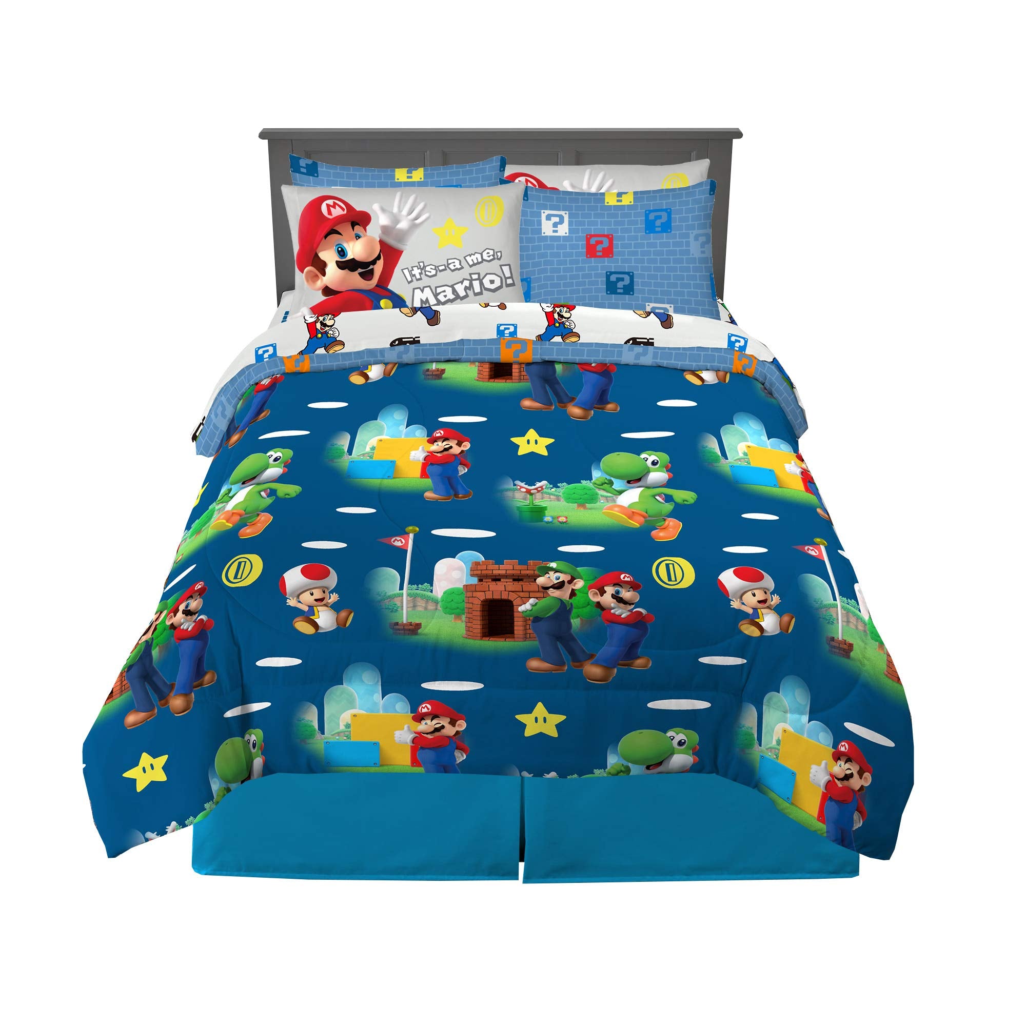 Franco Super Mario Bros. Kids Bedding Super Soft Comforter And Sheet Set With Sham, 7 Piece Queen Size, (Official Licensed Produ