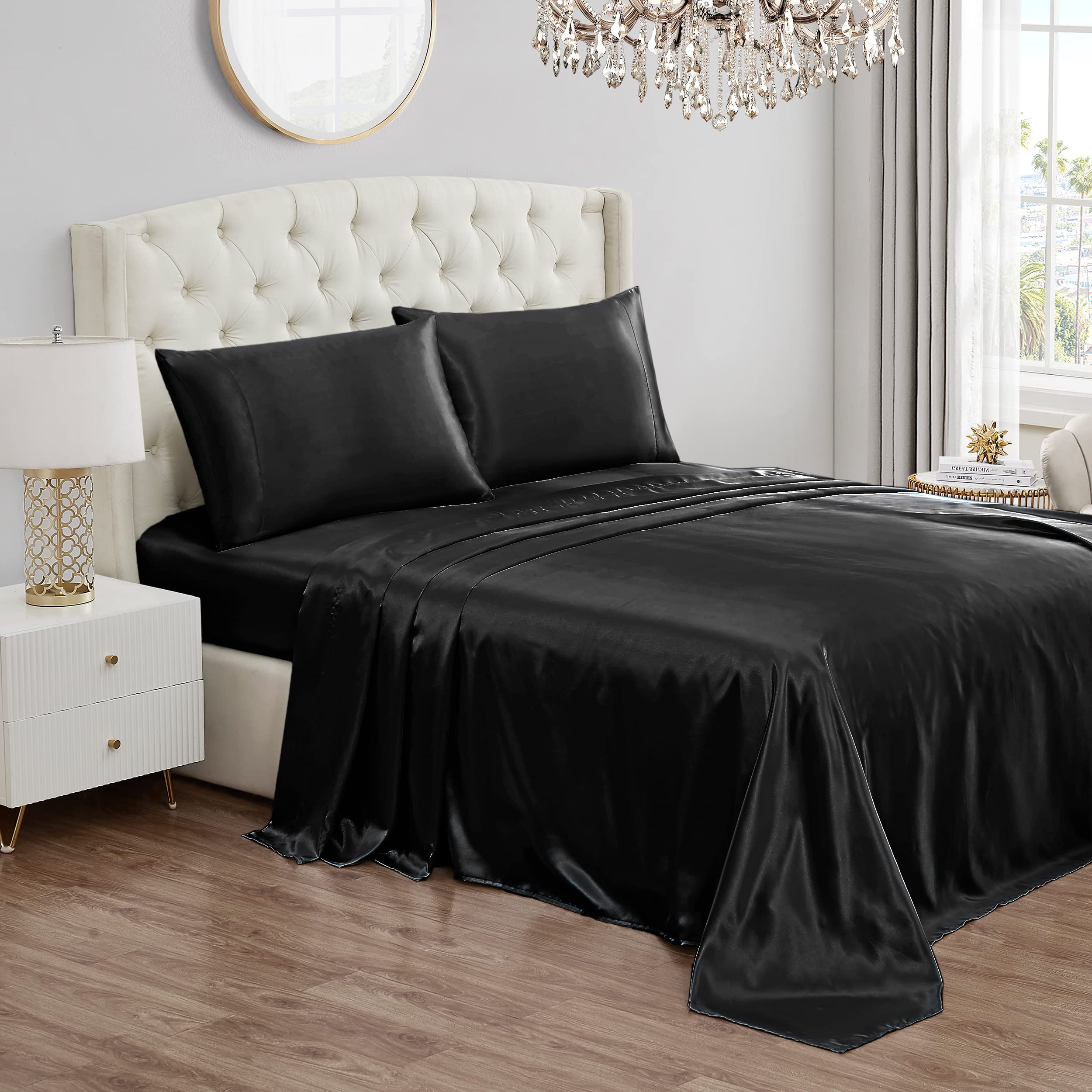 Juicy Couture Queen Size Satin Bed Sheet Set, Deep Pocket Silky Satin Queen Sheet Set With 1 Fitted Sheet, 1 Flat Sheet And 2 Pi