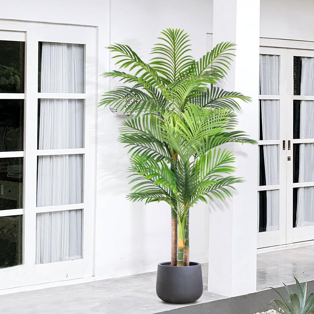 Keeplush 6ft Tall Triple Golden Cane Palm Artificial Tree Large Tropical Palm Tree UV Resistant Fake Plant in Pot for Indoor Out