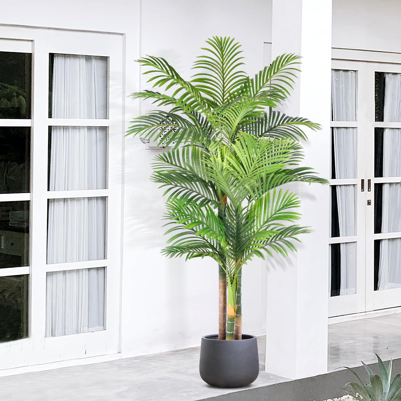 Keeplush 6ft Tall Triple Golden Cane Palm Artificial Tree Large Tropical Palm Tree UV Resistant Fake Plant in Pot for Indoor Out
