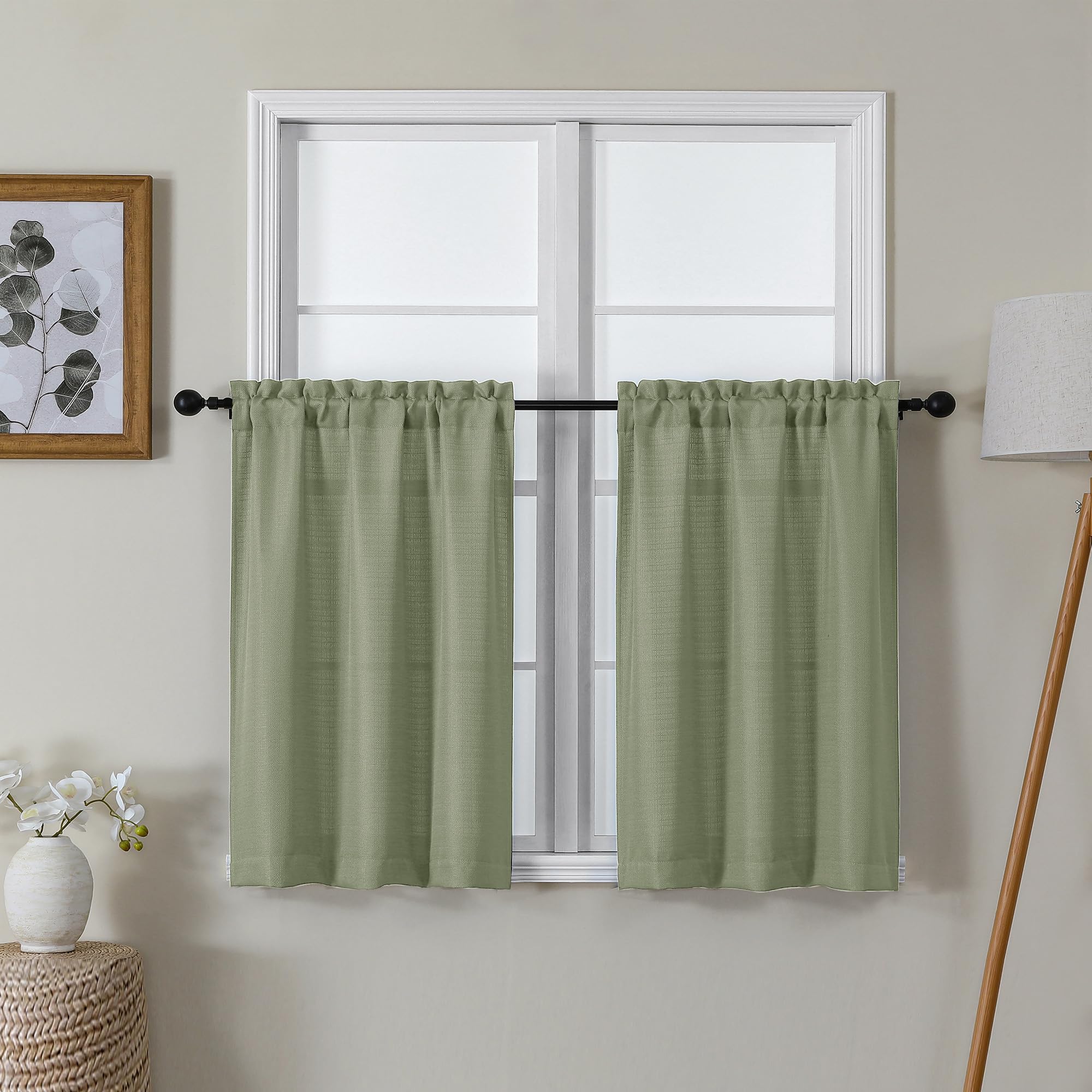 Lecloud Bessie Light Green Kitchen Curtains 30 Inch Length 2 Pcs, Faux Linen Textured Short Curtains for Small Windows, Light Fi