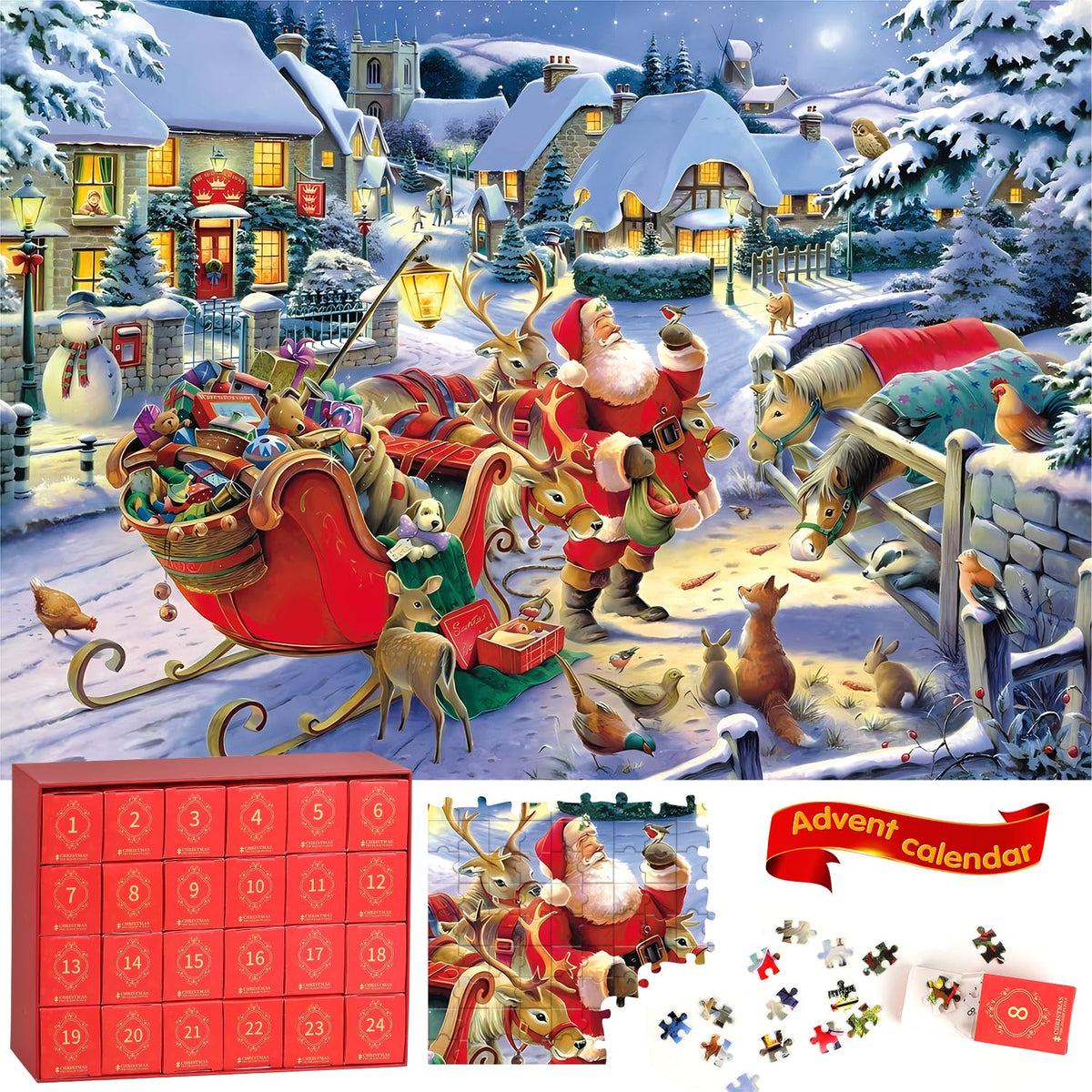 Christmas Advent Calendar Jigsaw Puzzles Adults Kids-1008 Pieces Puzzle 24 Days Christmas Countdown Calendar-Holiday Game Gifts 