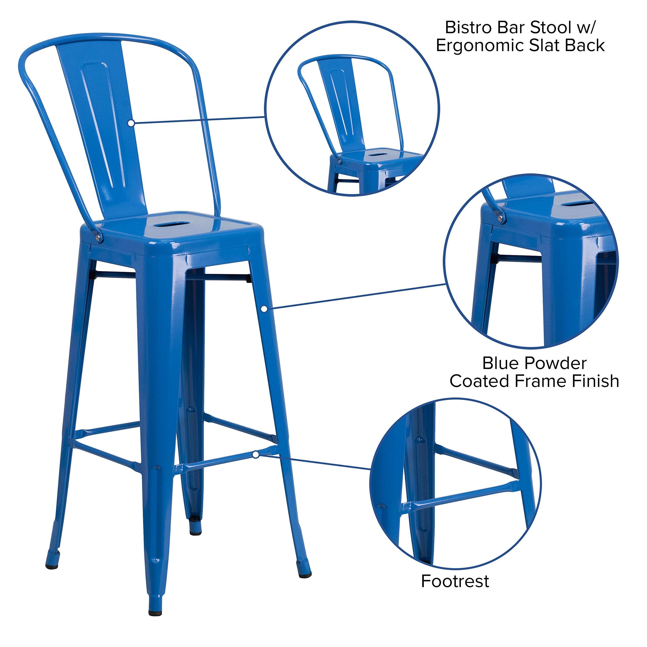 Flash Furniture Commercial Grade 30' High Blue Metal Indoor-Outdoor Barstool With Removable Back