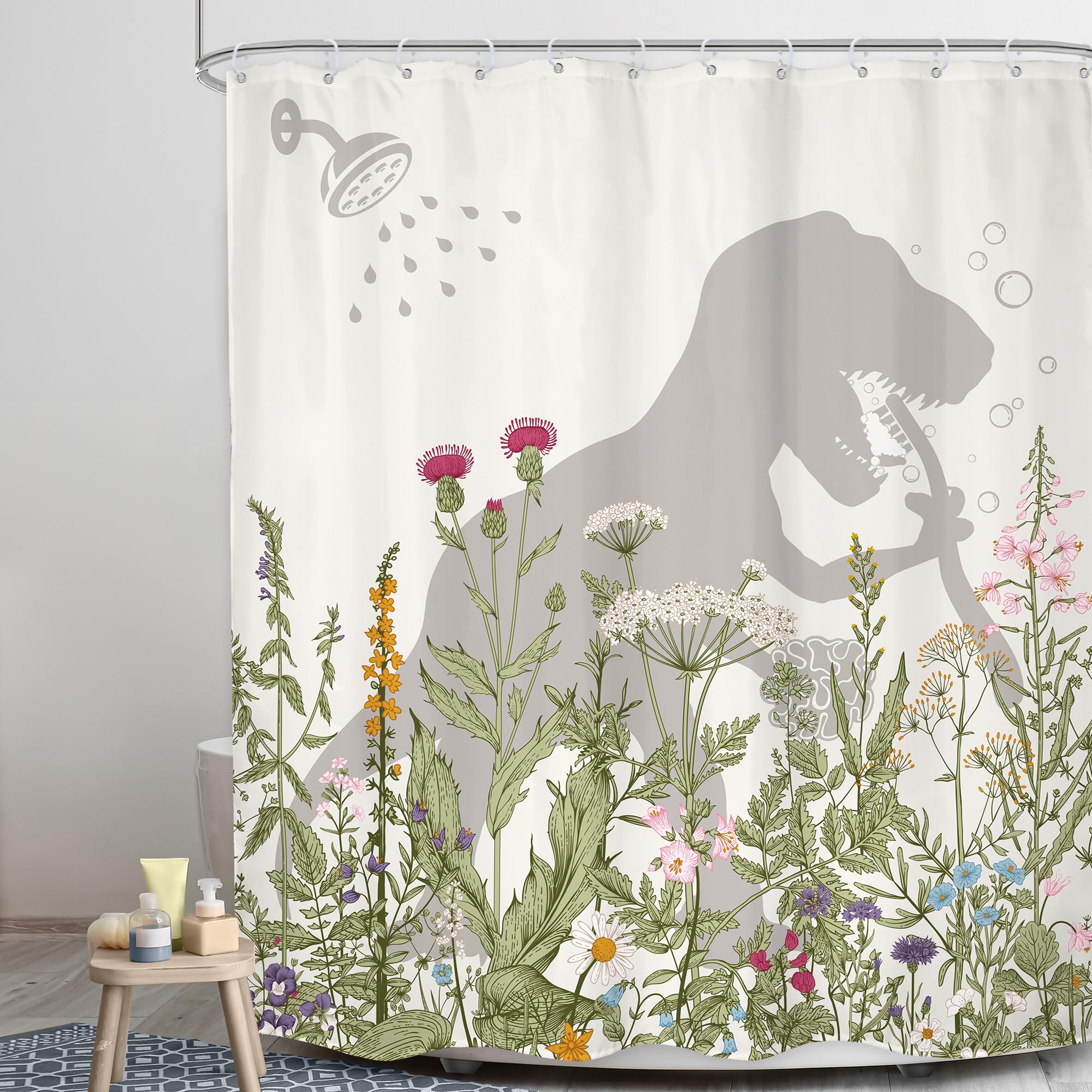 Lghtyro Dinosaur Wildflower Kids Shower Curtain Bathroom Set 60Wx71H Inches Funny Dino Silhouette Floral Rustic Plant Leaves Bot