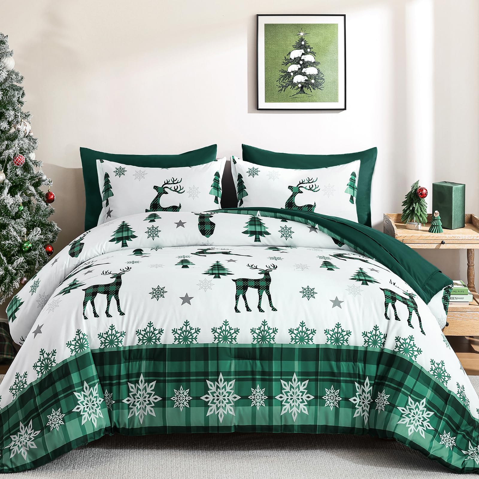 Christmas Comforter Set King Size 7 Pieces, Green Reindeer Snowflake Bed In A Bag, Soft Comforter With Sheet Set For Holiday, So