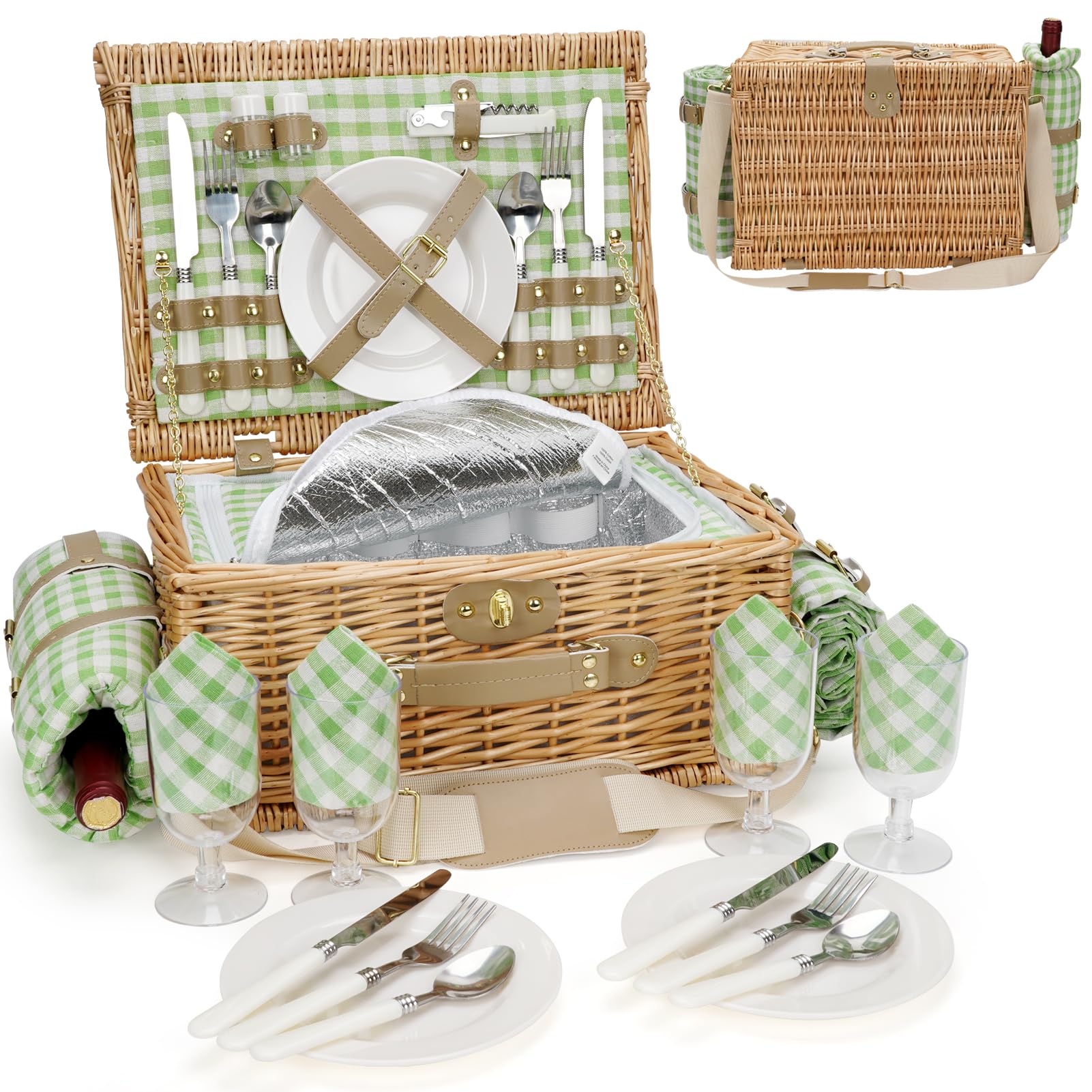 Picnic Basket For 4, Insulated Willow Picnic Baskets With Shoulder Strap, Picnic Hamper With Waterproof Picnic Blanket, Handmade